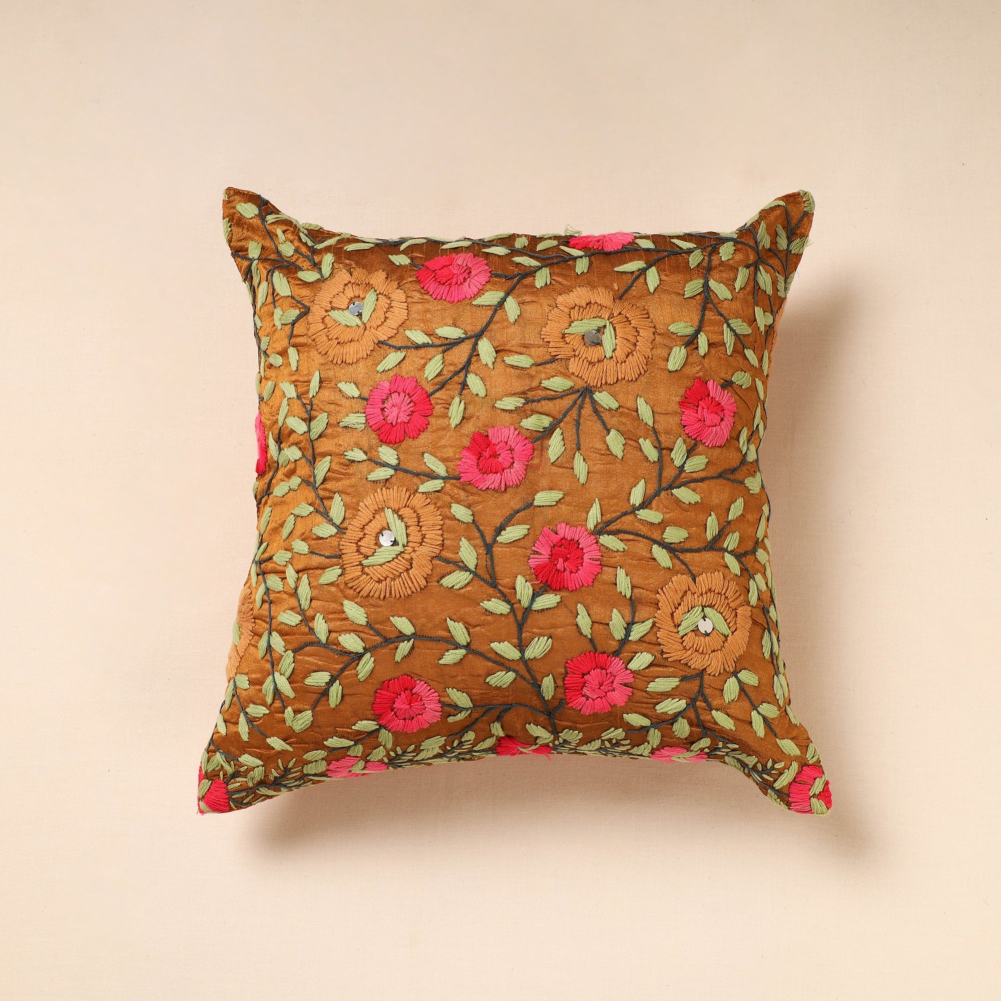 ITOKRI CRAFTS INITIATIVE Brown - Chanderi Silk Phulkari Hand Embroidered Cushion Cover