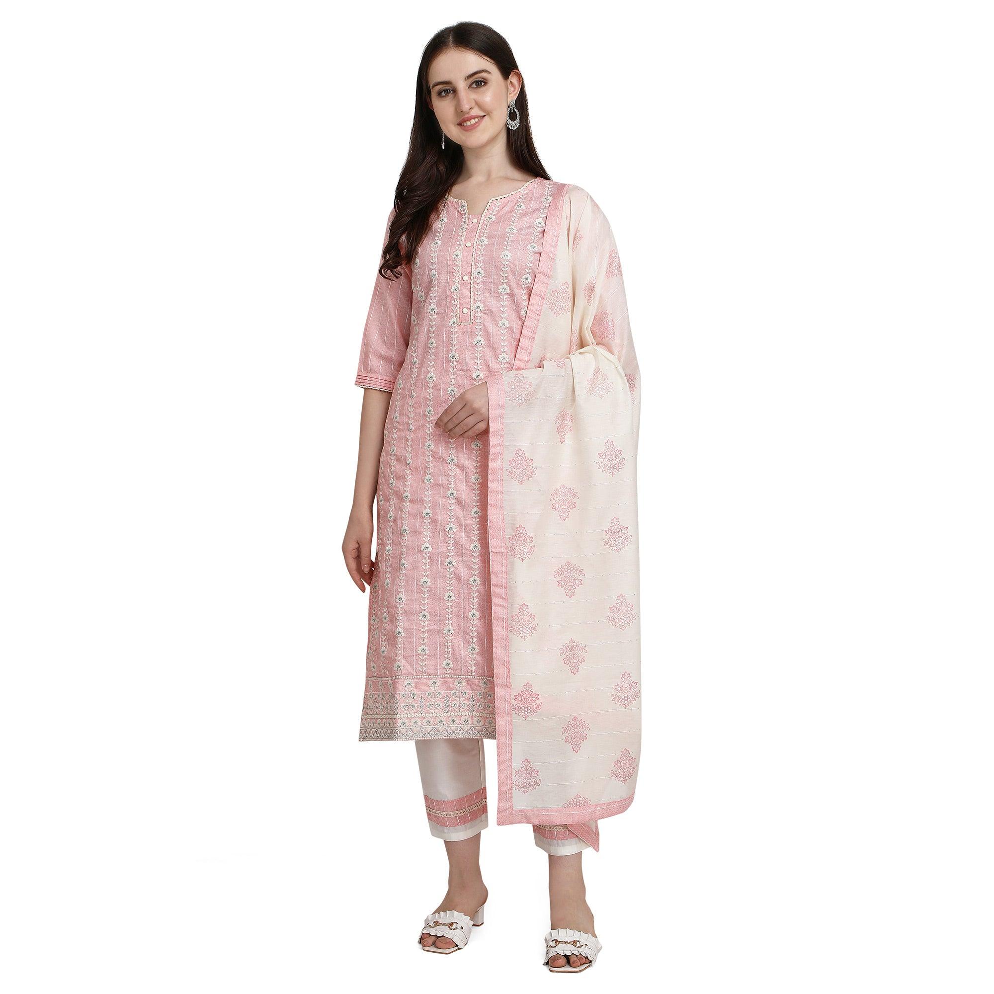Peachmode Light Pink Floral Embroidered Cotton Blend Kurti Pant Set