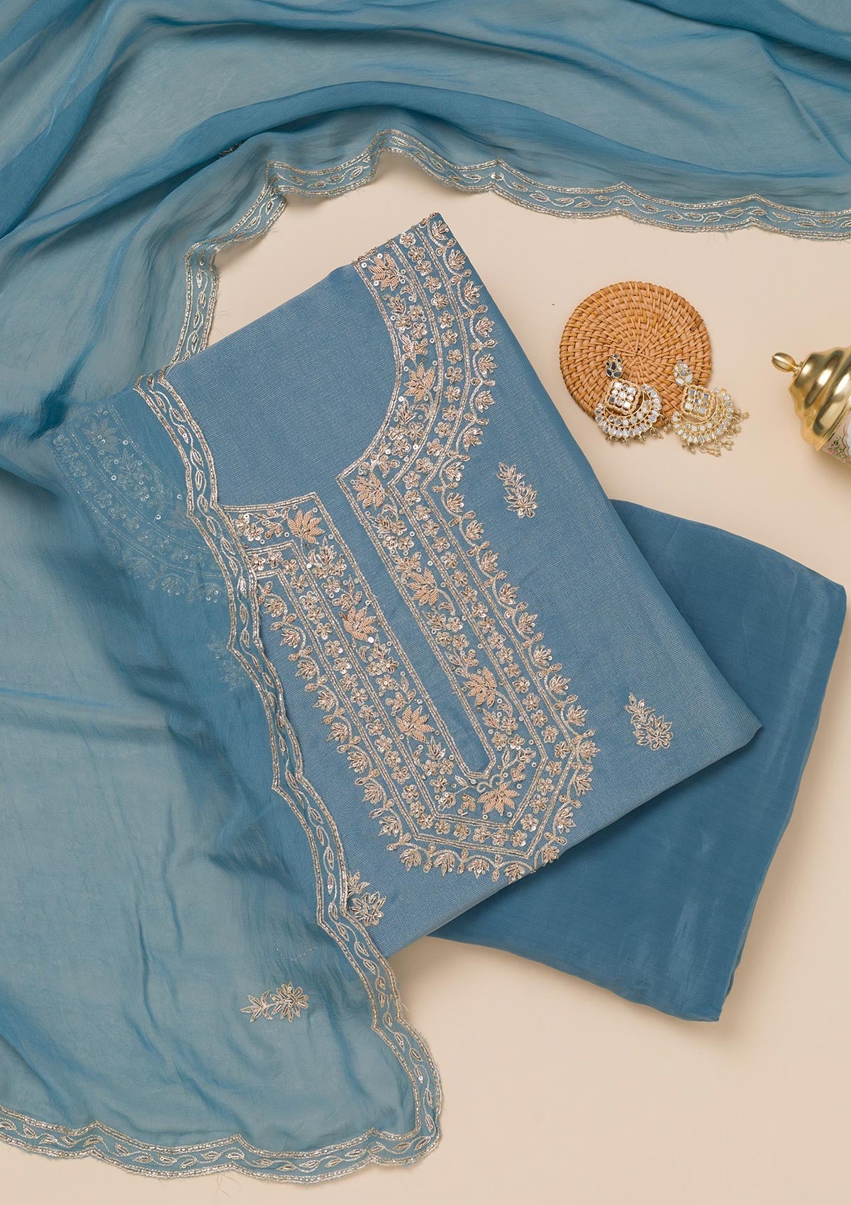 Koskii Dark Grey Cutdana Tissue Unstitched Salwar Suit
