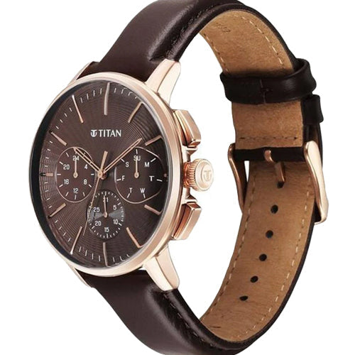 Titan Light leathers Multifunction Brown Dial Leather Strap Watch For Men 42mm 90200WL01 - view 2
