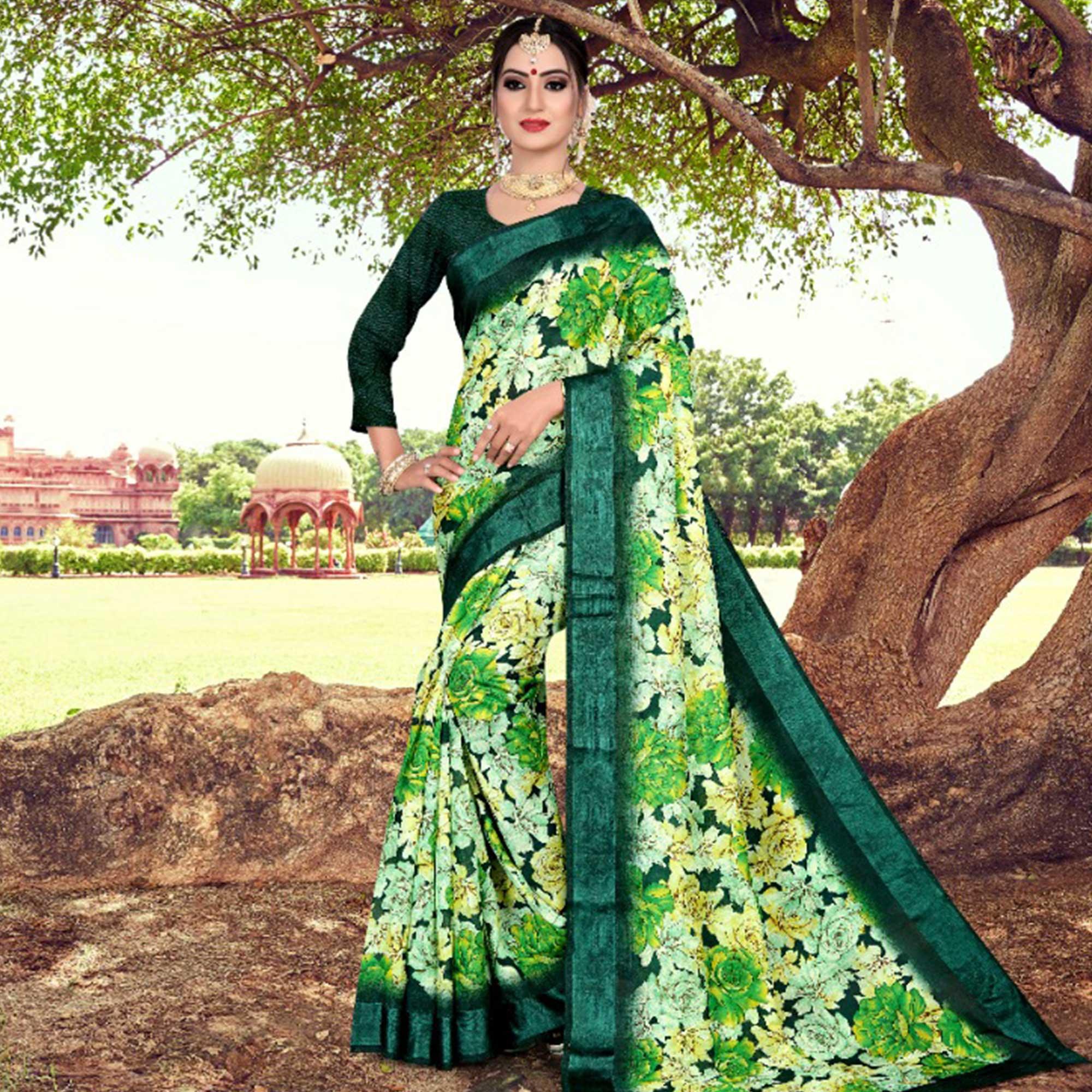 Peachmode Energetic Green Colored Casual Printed Cotton Saree