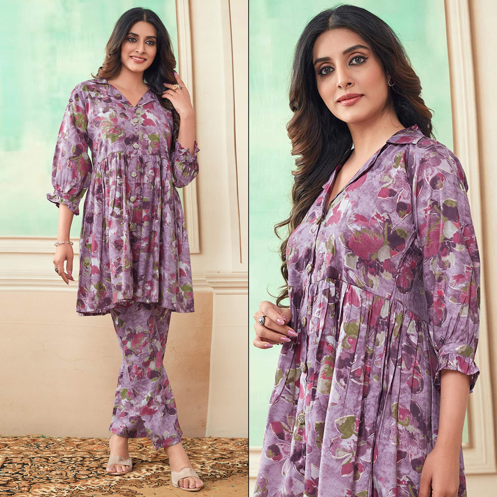 Peachmode Lavender Floral Foil Printed Chanderi Silk Co Ord Set