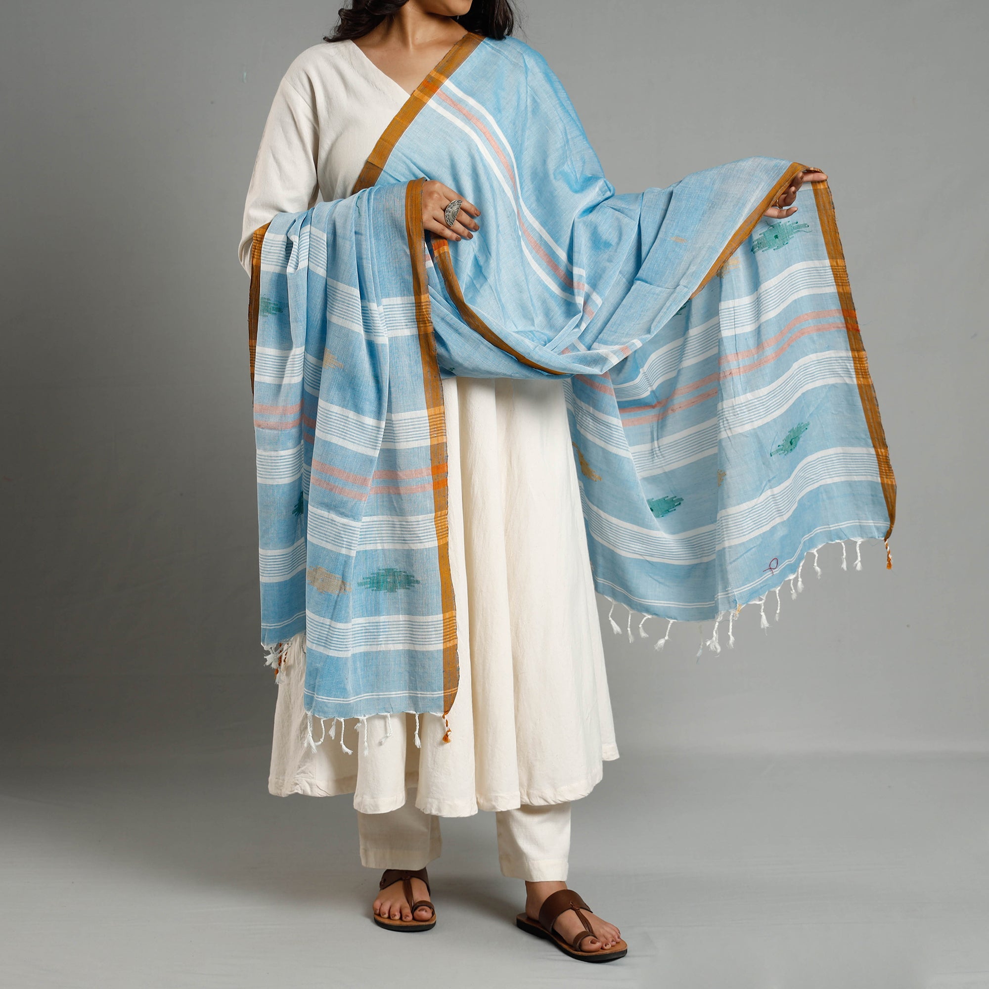 WEAVE INDIA BY SHEIKH MOIDUN NILUFAR Blue - Assam Weave Handloom Cotton Thread Buti Dupatta with Tassels