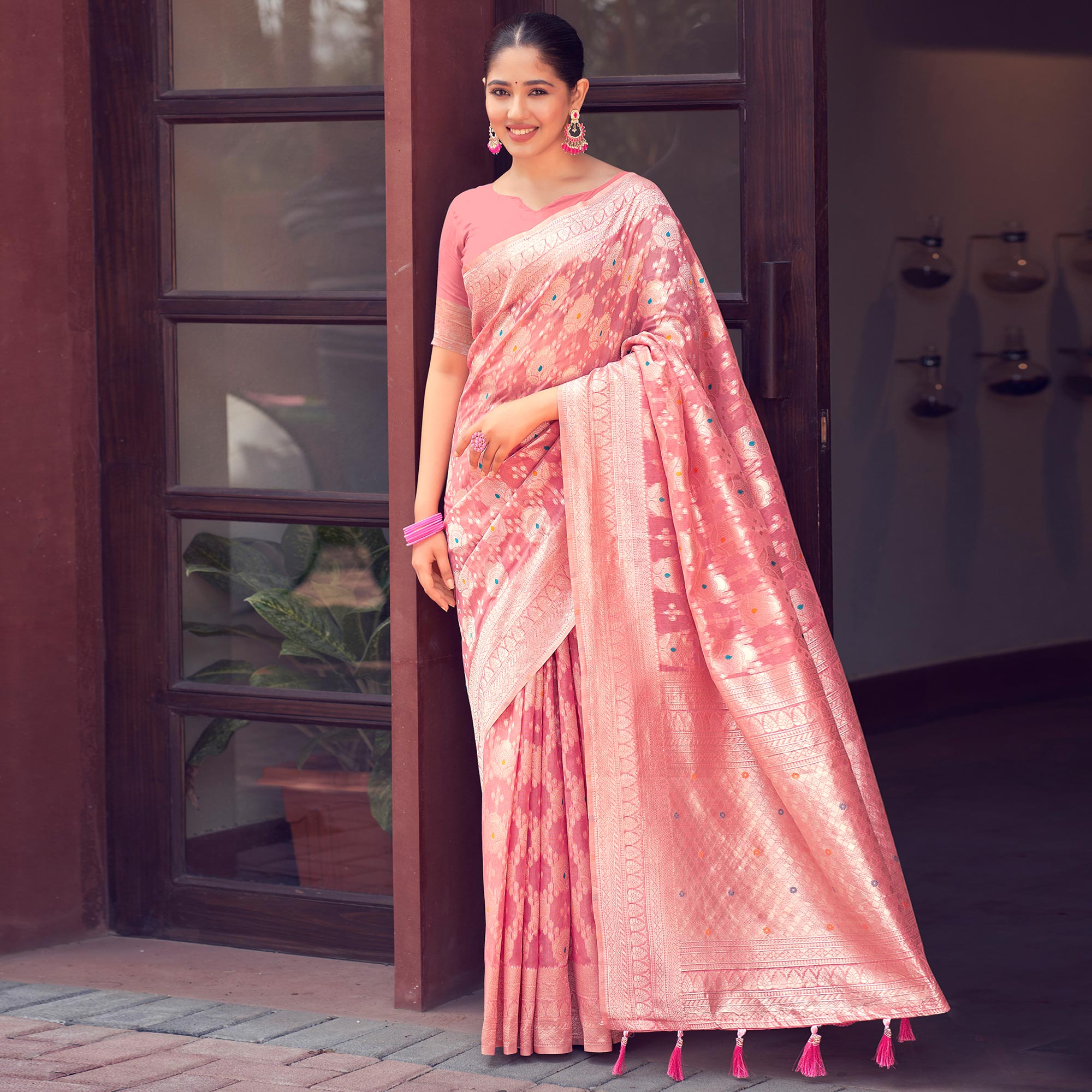 Peachmode Gajari Pink Woven Cotton Silk Saree With Tassels