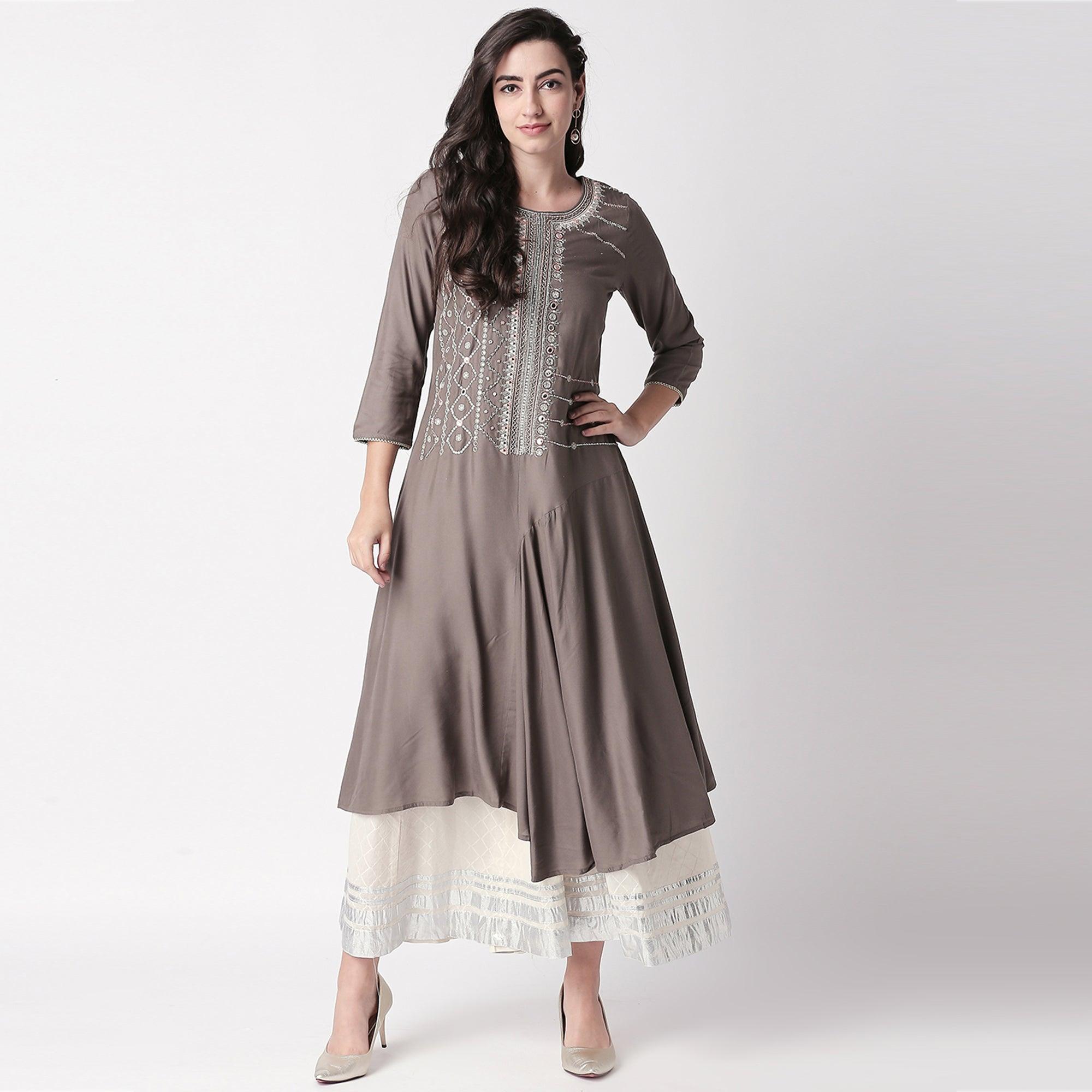 Peachmode Magnetic Grey Colored Partywear Embroidered Cotton Kurti-Palazzo Set