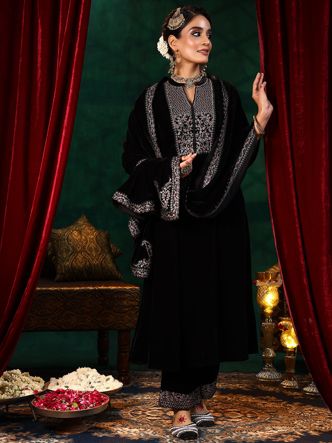 Libas Black Yoke Design Velvet Straight Suit With Dupatta