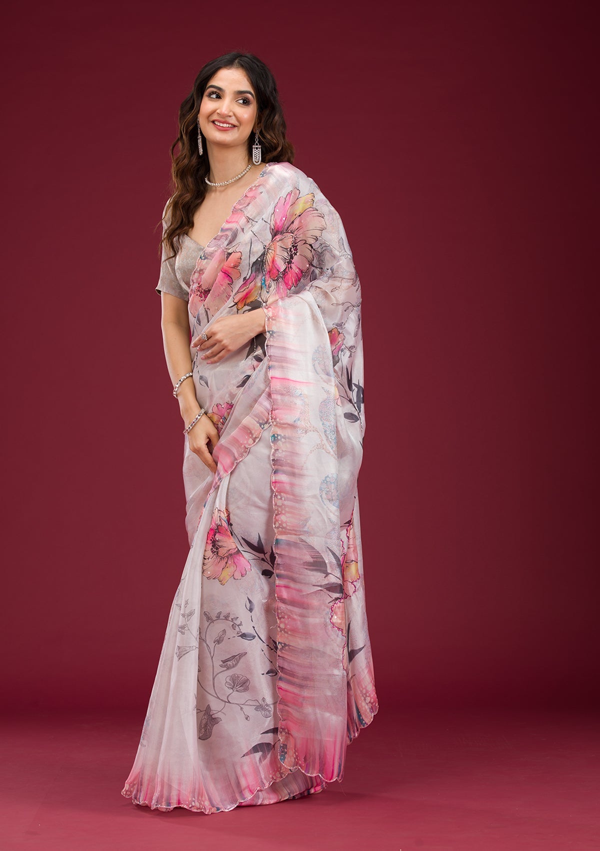 Koskii Cream Printed Tissue Saree – Women's - view 4