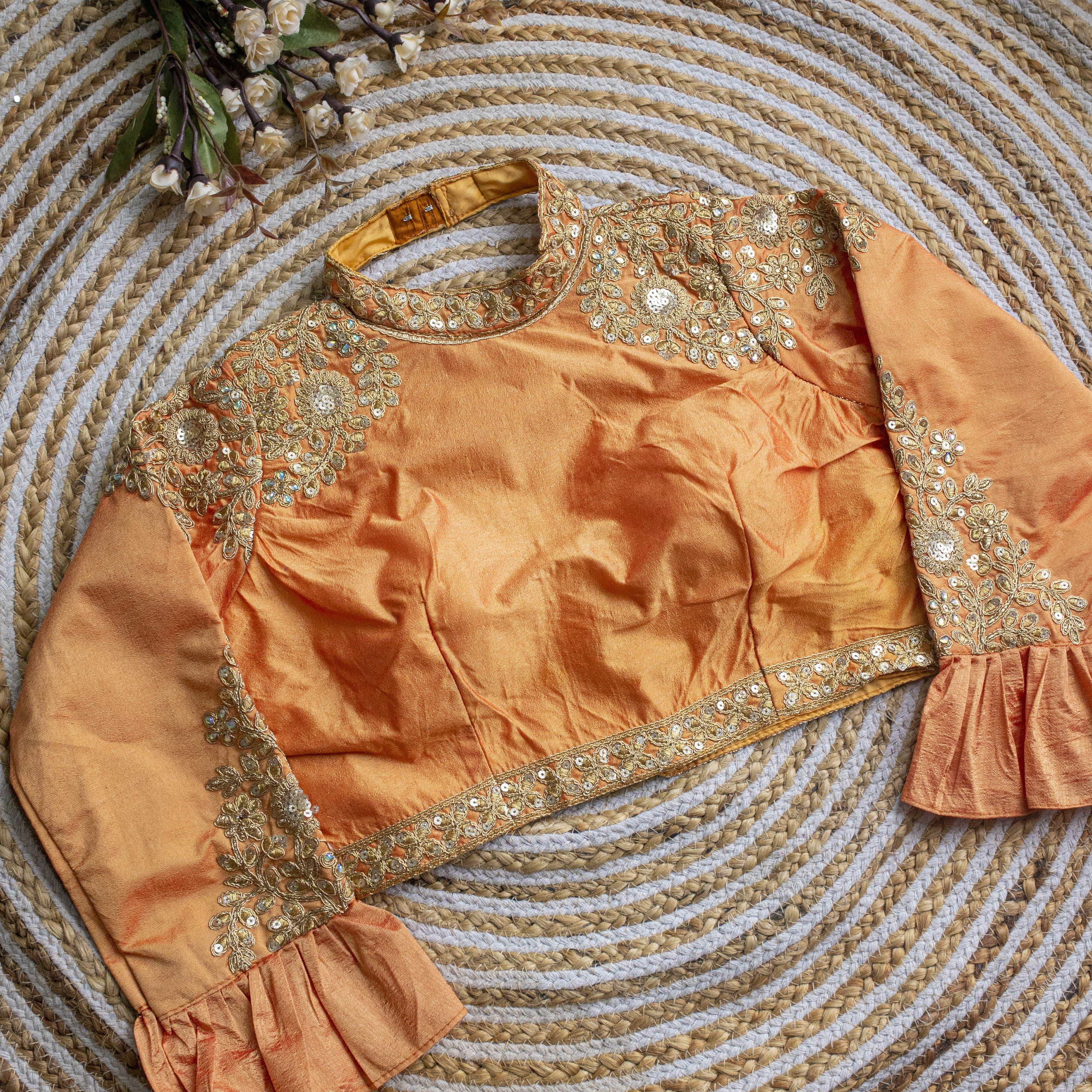 ClothsVilla Cream Golden Sequence Embroidered Blouse in glossy silk - view 2