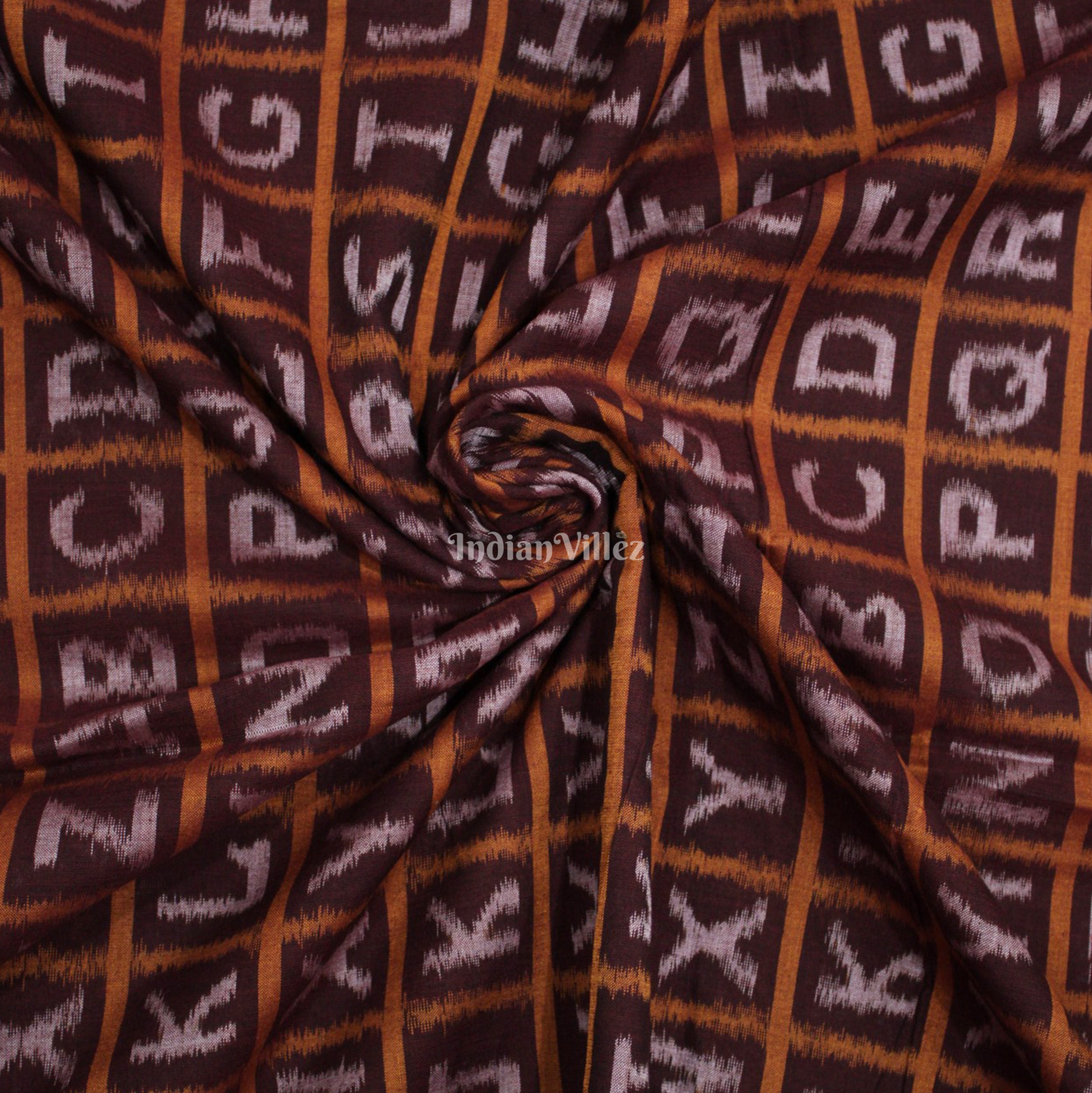 IndianVillèz Coffee brown With White English Alphabet Design Sambalpuri Ikat Cotton Fabric