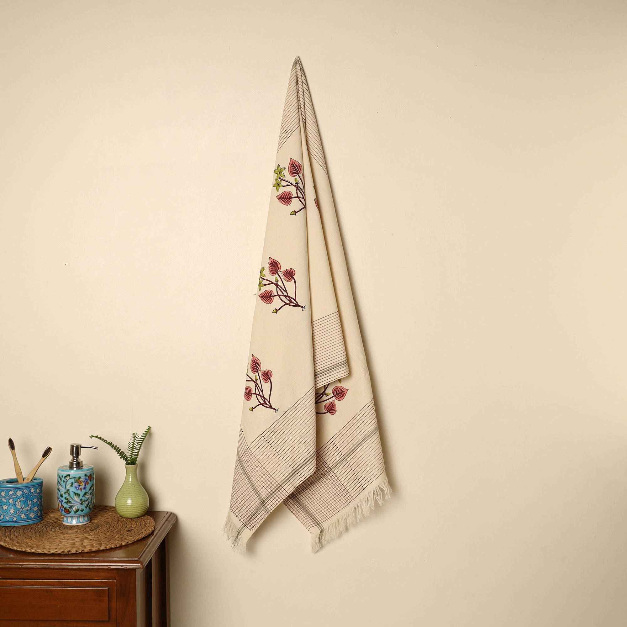 ARTISAN HAND BLOCK PRINTS Beige - Block Printed Handloom Cotton Sanganeri Towel 23