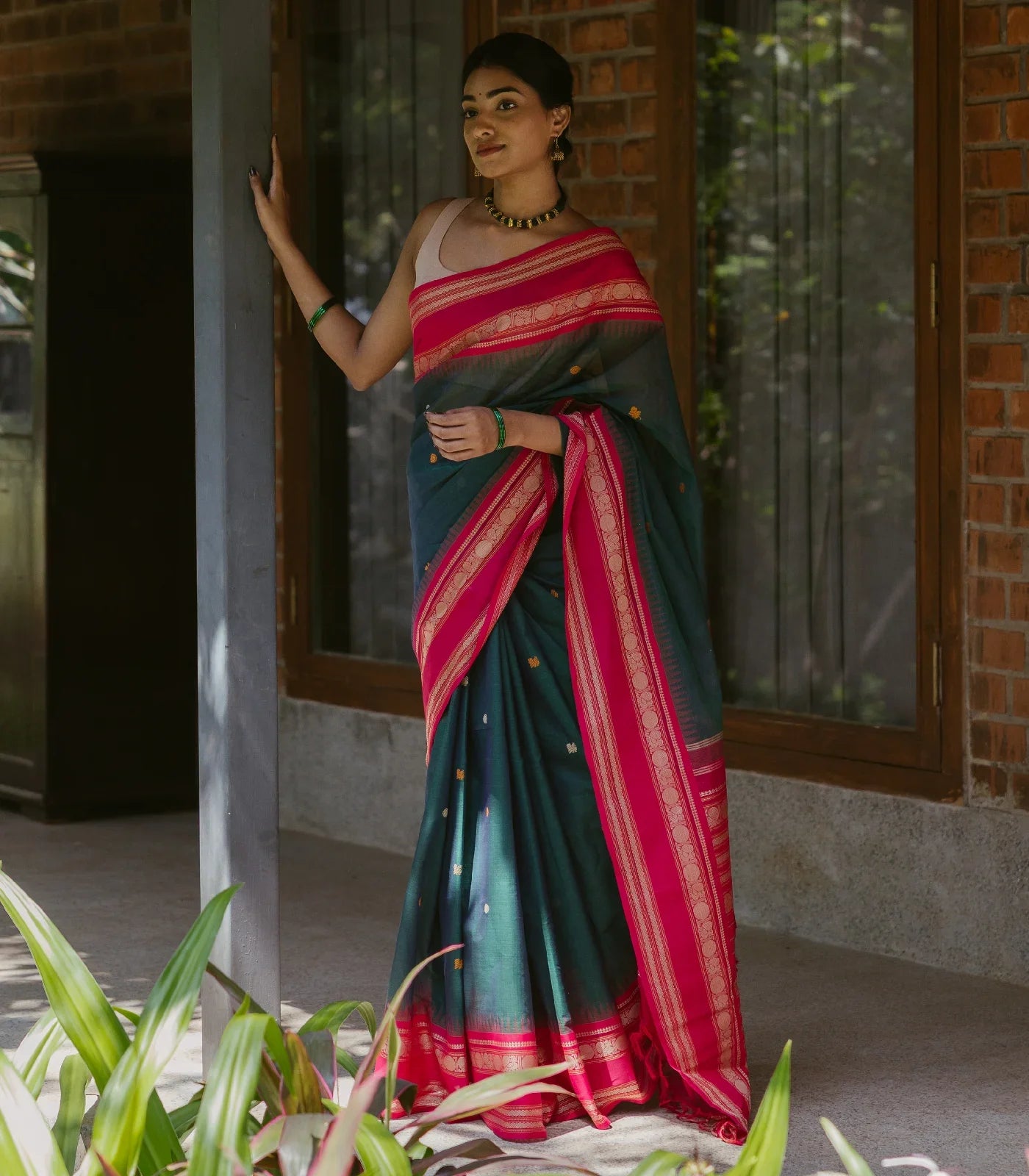 RmKV Teal Handloom Korvai Kanchi Cotton Saree With Annam Buttas