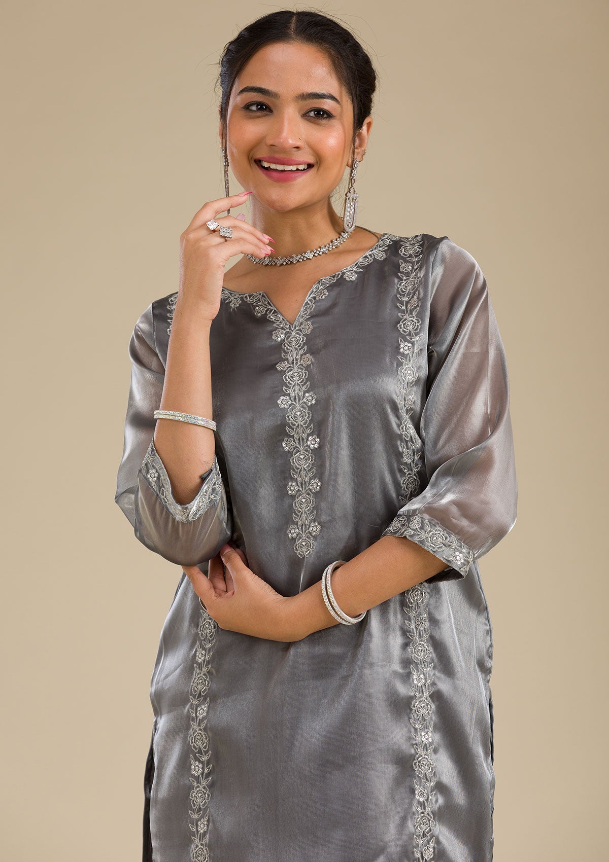 Koskii Grey Zariwork Crepe Readymade Salwar Suit - view 8