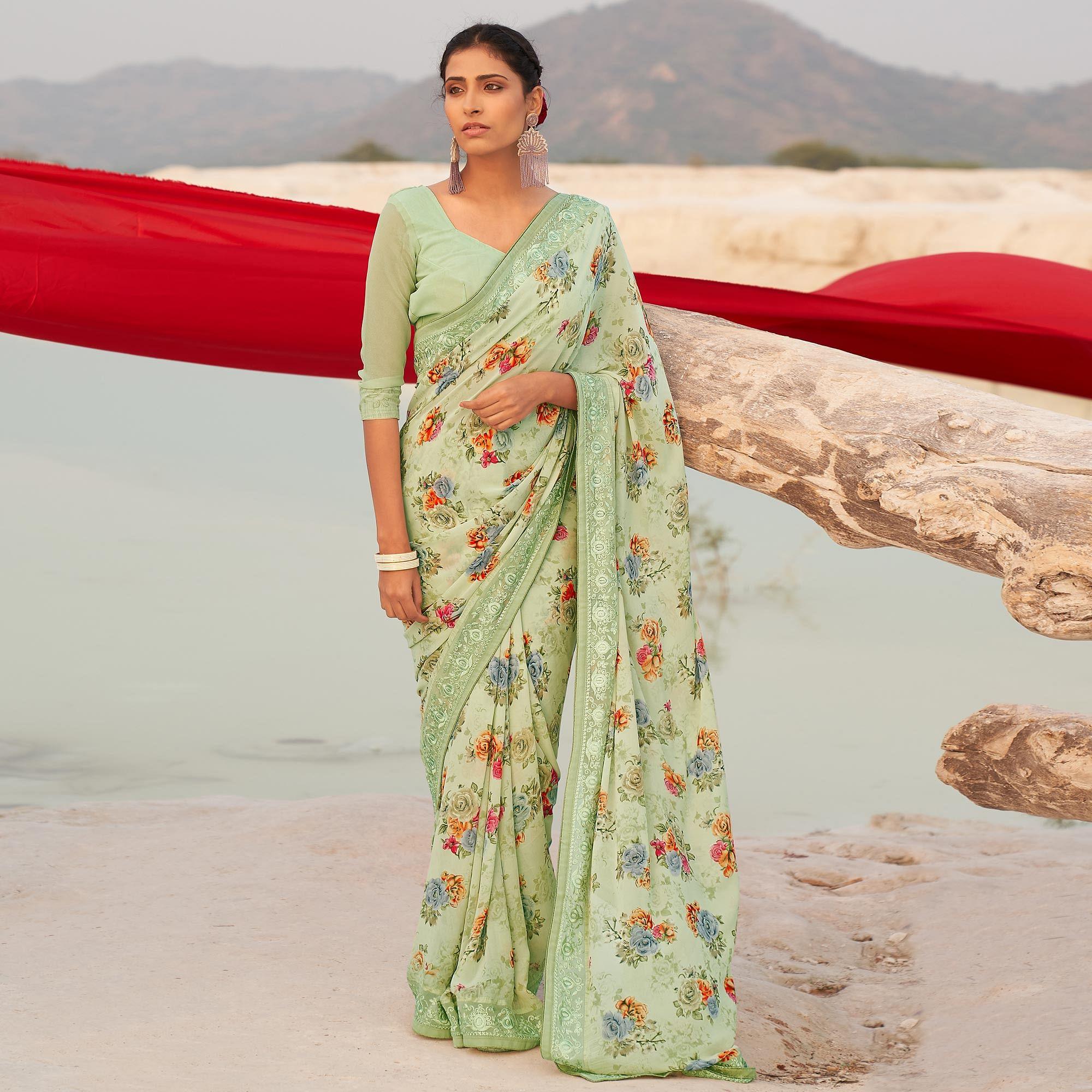 Peachmode Light Green Casual Wear Floral Printed Georgette Saree