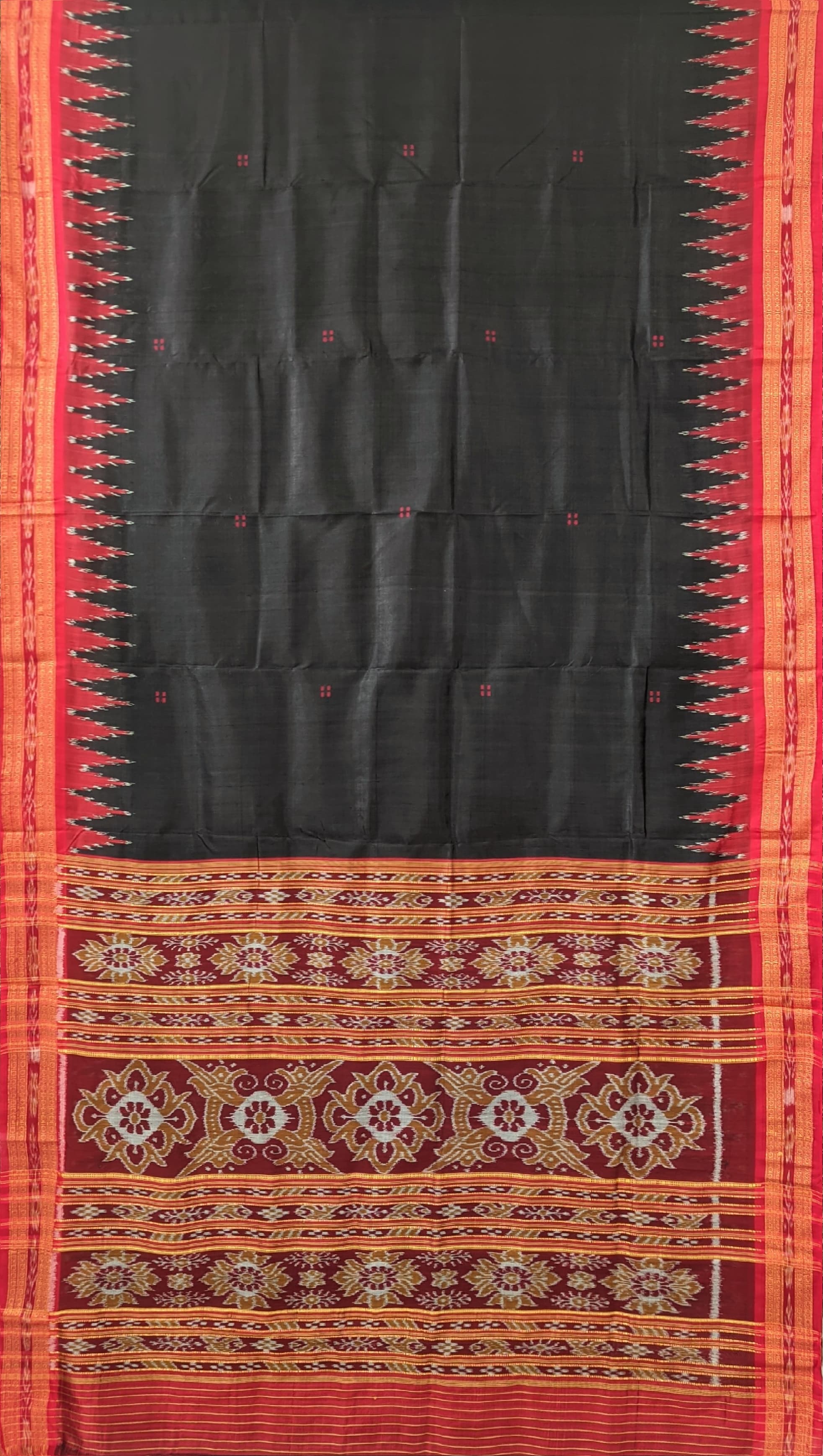 IndianVillèz Black Red Butta design Odisha Ikat Khandua Silk Saree