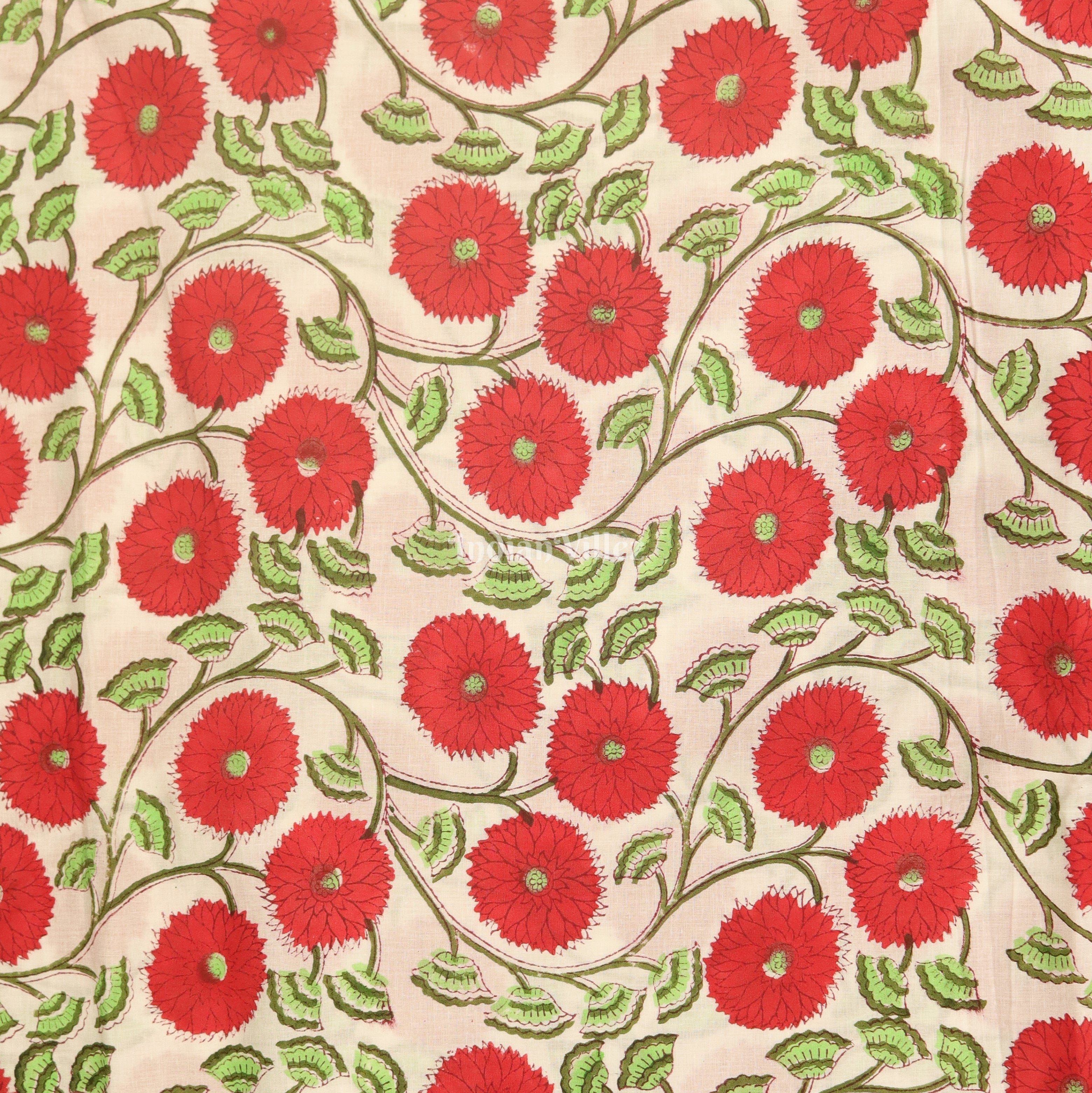 IndianVillèz Red White Flower Motif Hand Block Printed Cotton Fabric - view 2