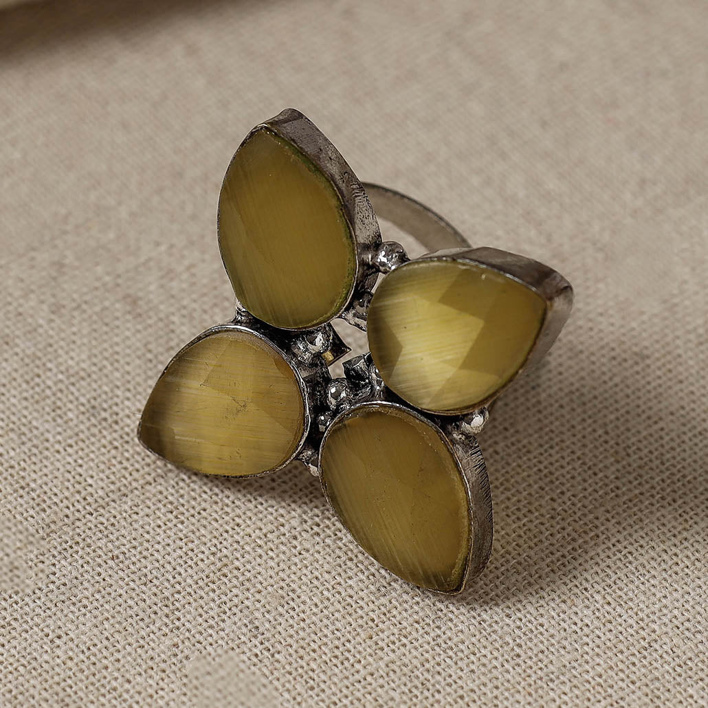 WHITE RIVER STORIES Antique Silver Finish Oxidised Brass Base Stone Work Ring (Adjustable) - view 2