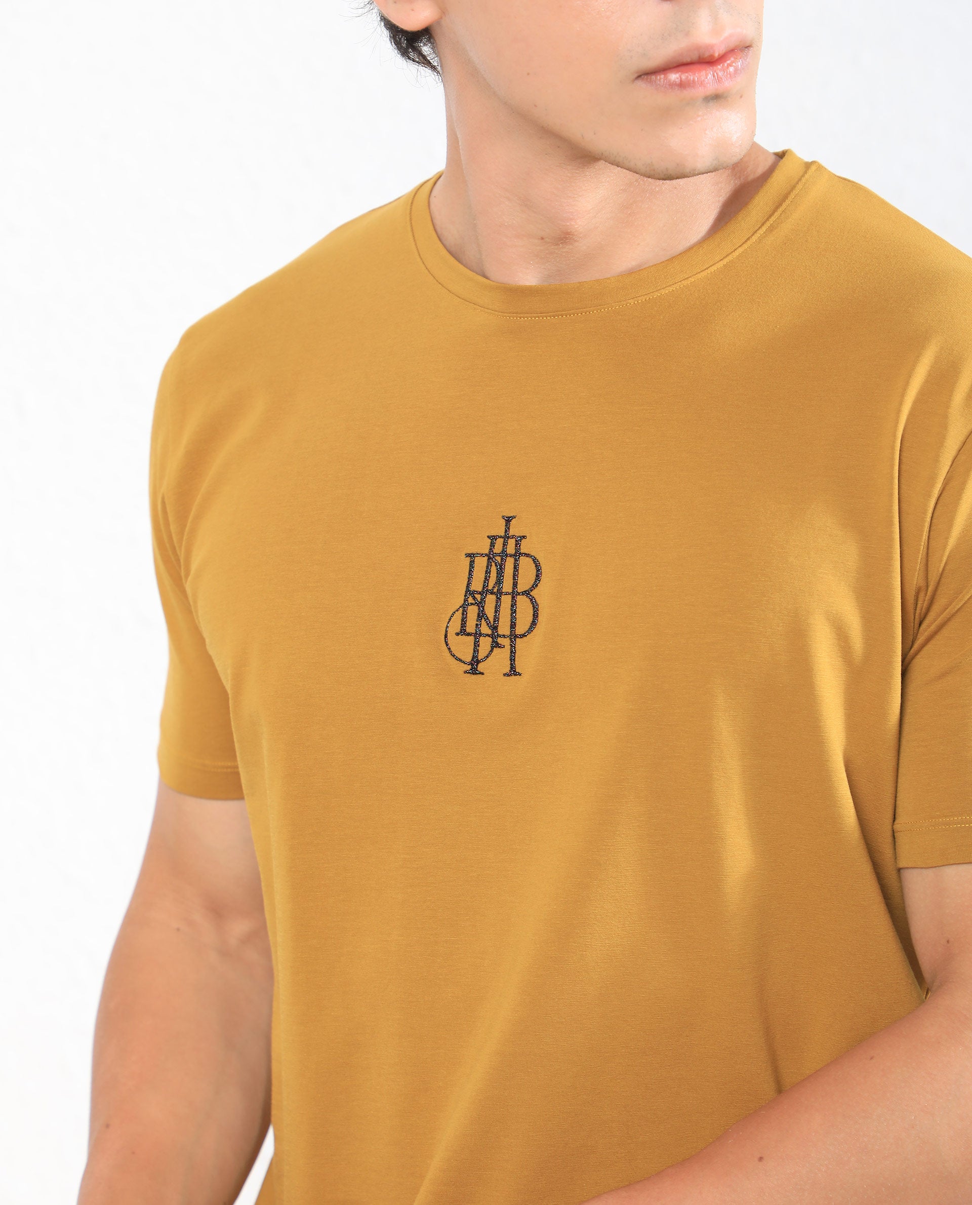 Rare Rabbit Men's Ware Mustard Cotton Lycra Fabric Crew Neck Half Sleeves Regular Fit Embroidered Monogram T-Shirt - view 4