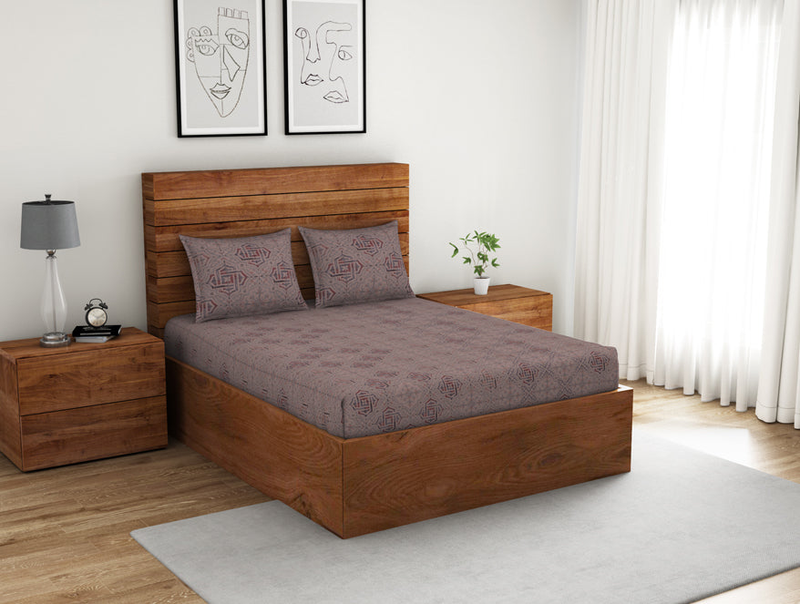 Spaces India Geometric Shadow Gray - Light Brown 100% Cotton Double Bedsheet - Morroccan By Spaces - view 2