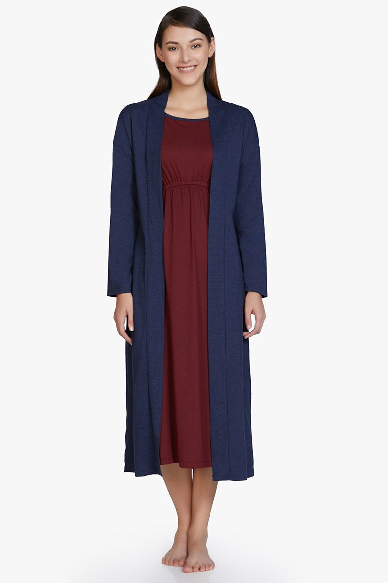 Amante Cotton Blend Sleep Robe - Navy