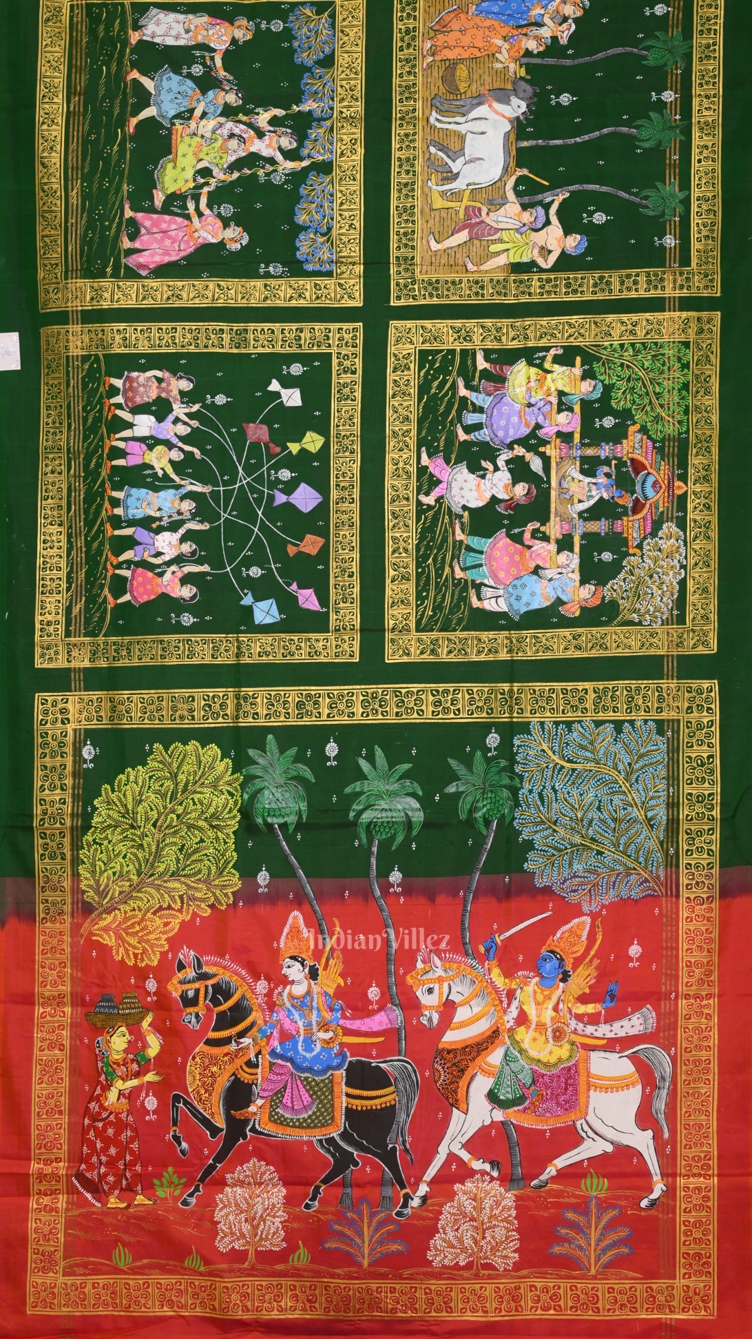 IndianVillèz Green Red Hindu Festival Hand-Painted Pattachitra Saree