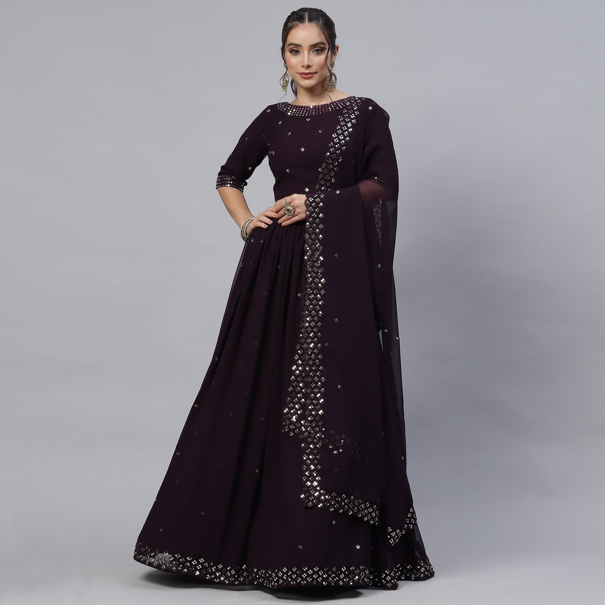 Peachmode Dark Purple Sequins Embroidered Georgette Lehenga Choli - view 2