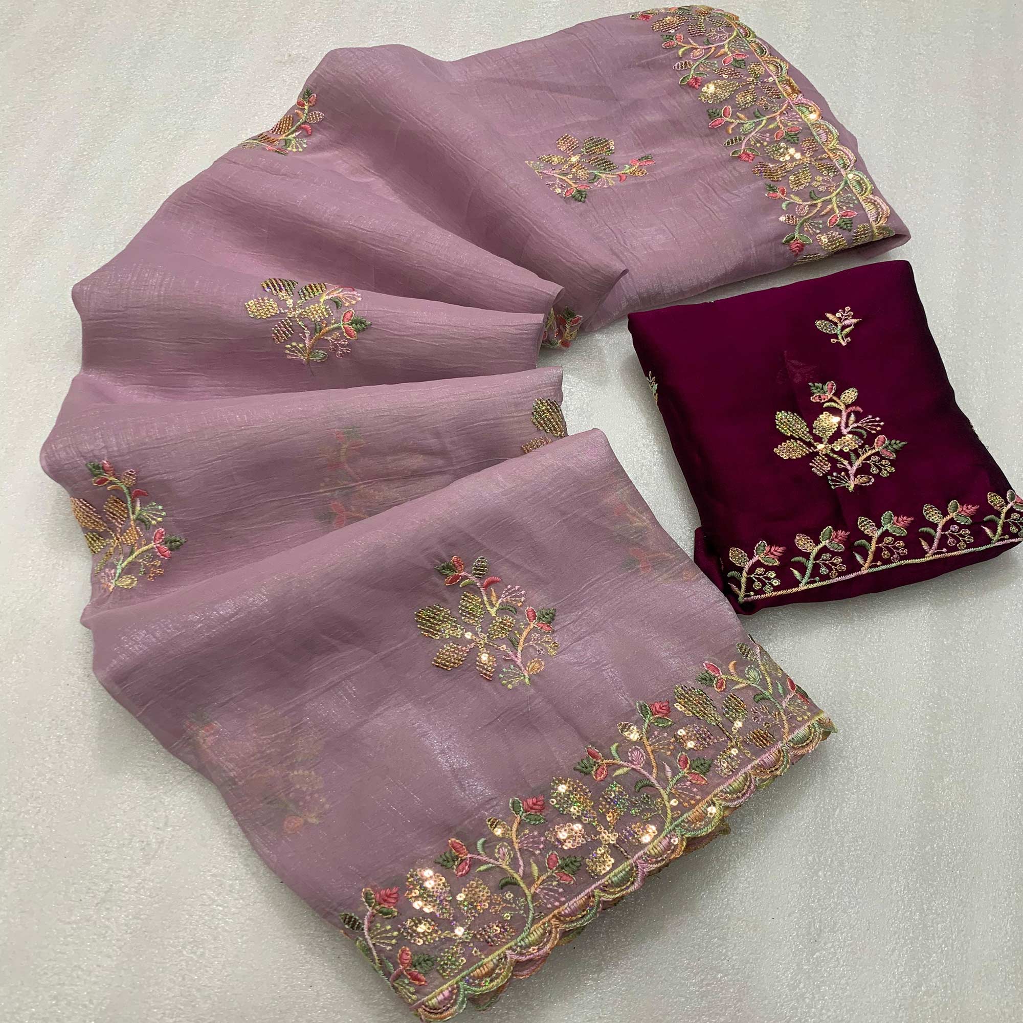Peachmode Lavender Floral Embroidered Crunchy Chiffon Saree