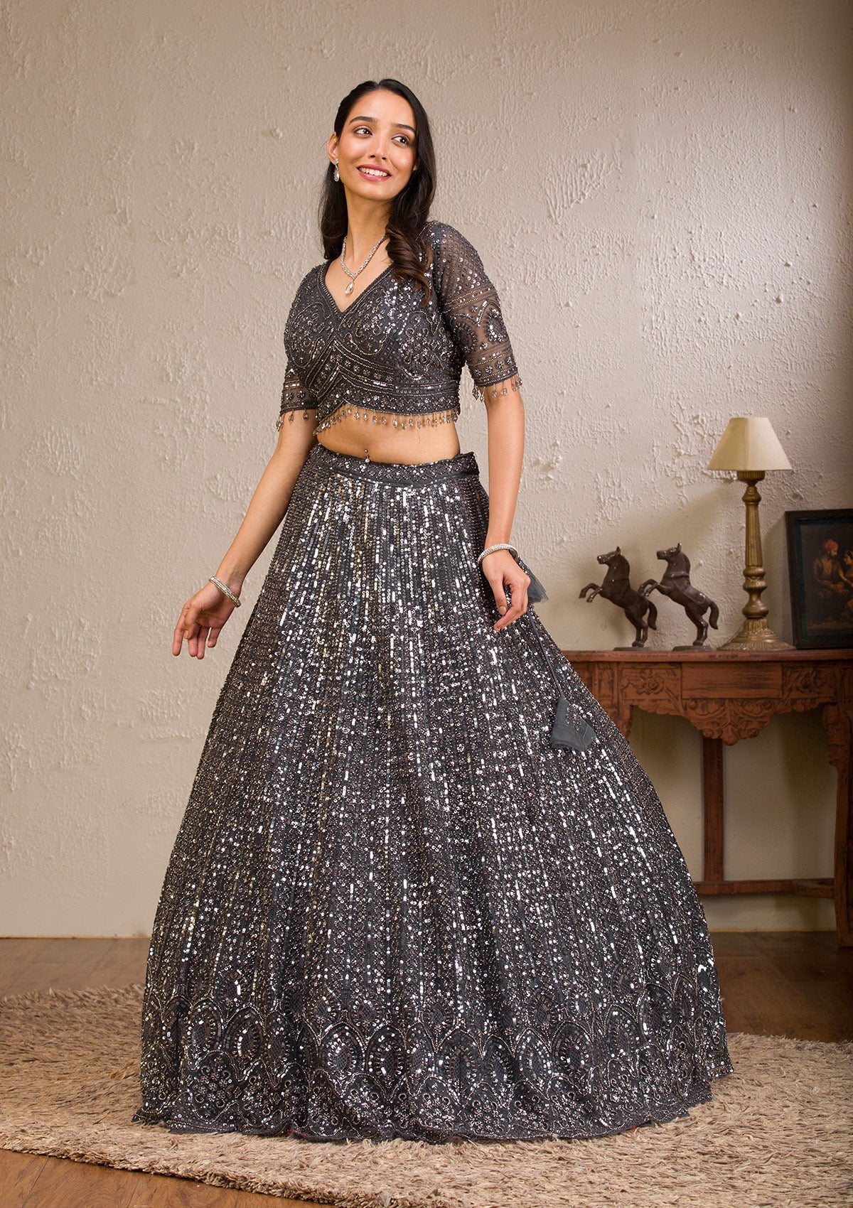 Koskii Dark Grey Sequins Net Readymade Lehenga - view 6