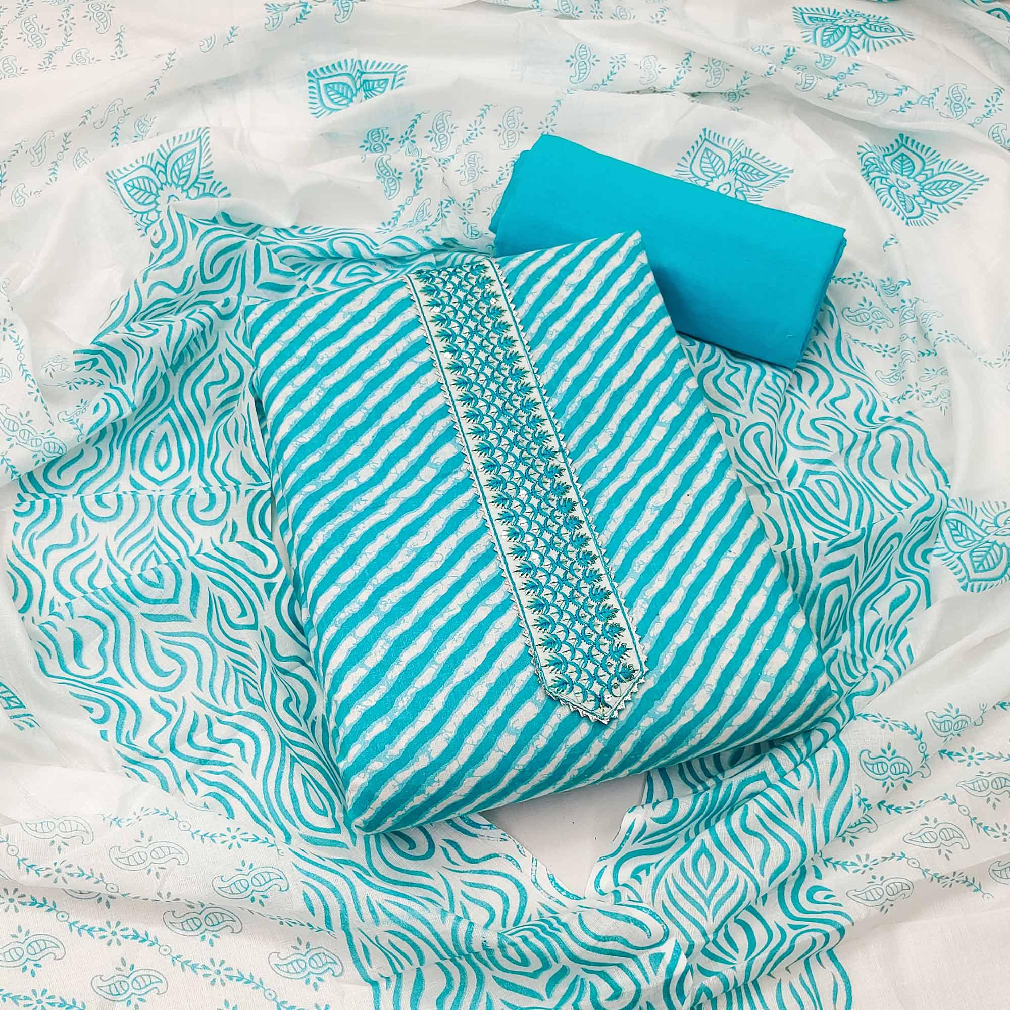 Peachmode Blue Stripe Printed With Embroidered Cotton Blend Dress Material