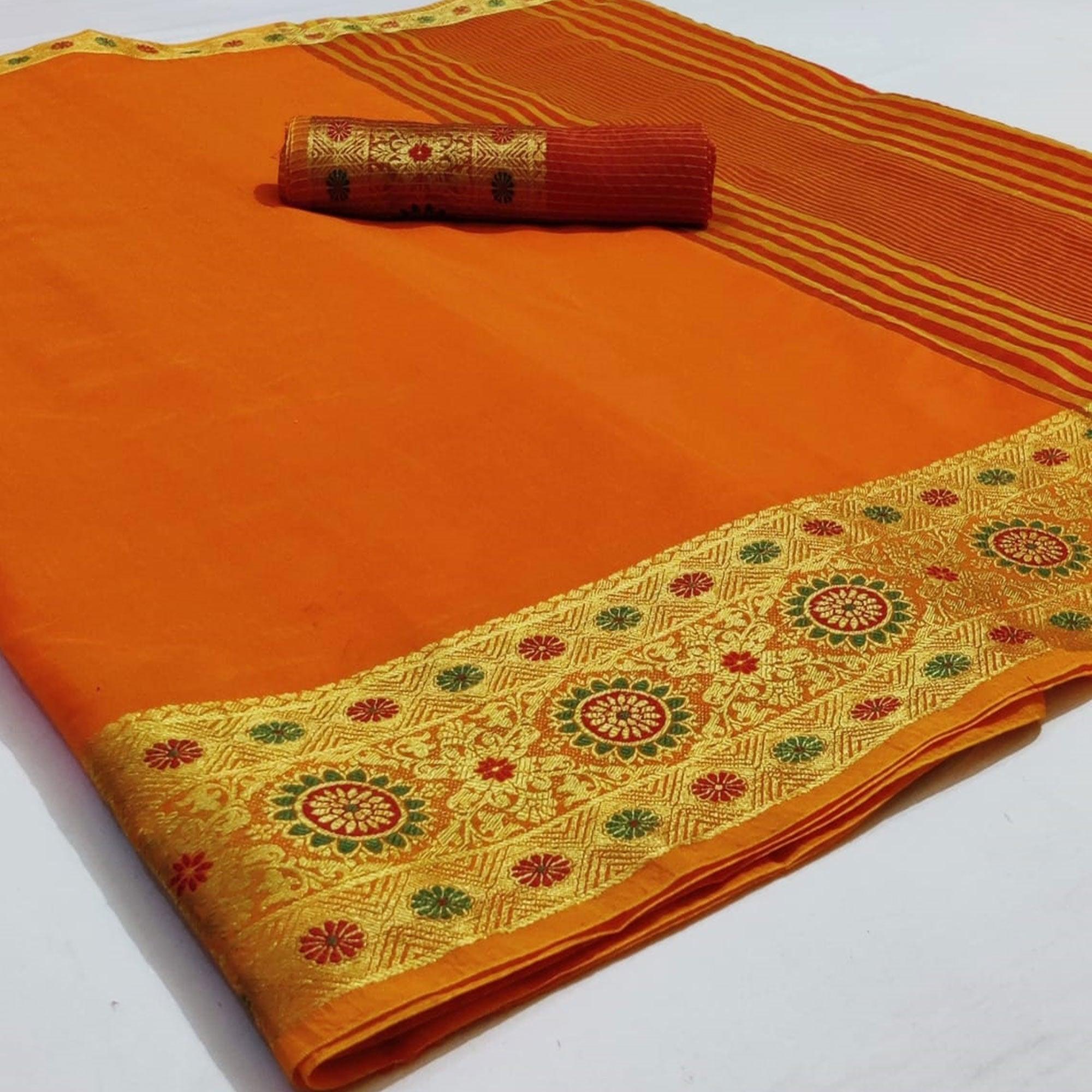 Peachmode Mesmeric Yellow Colored Festive Wear Woven Cotton Saree