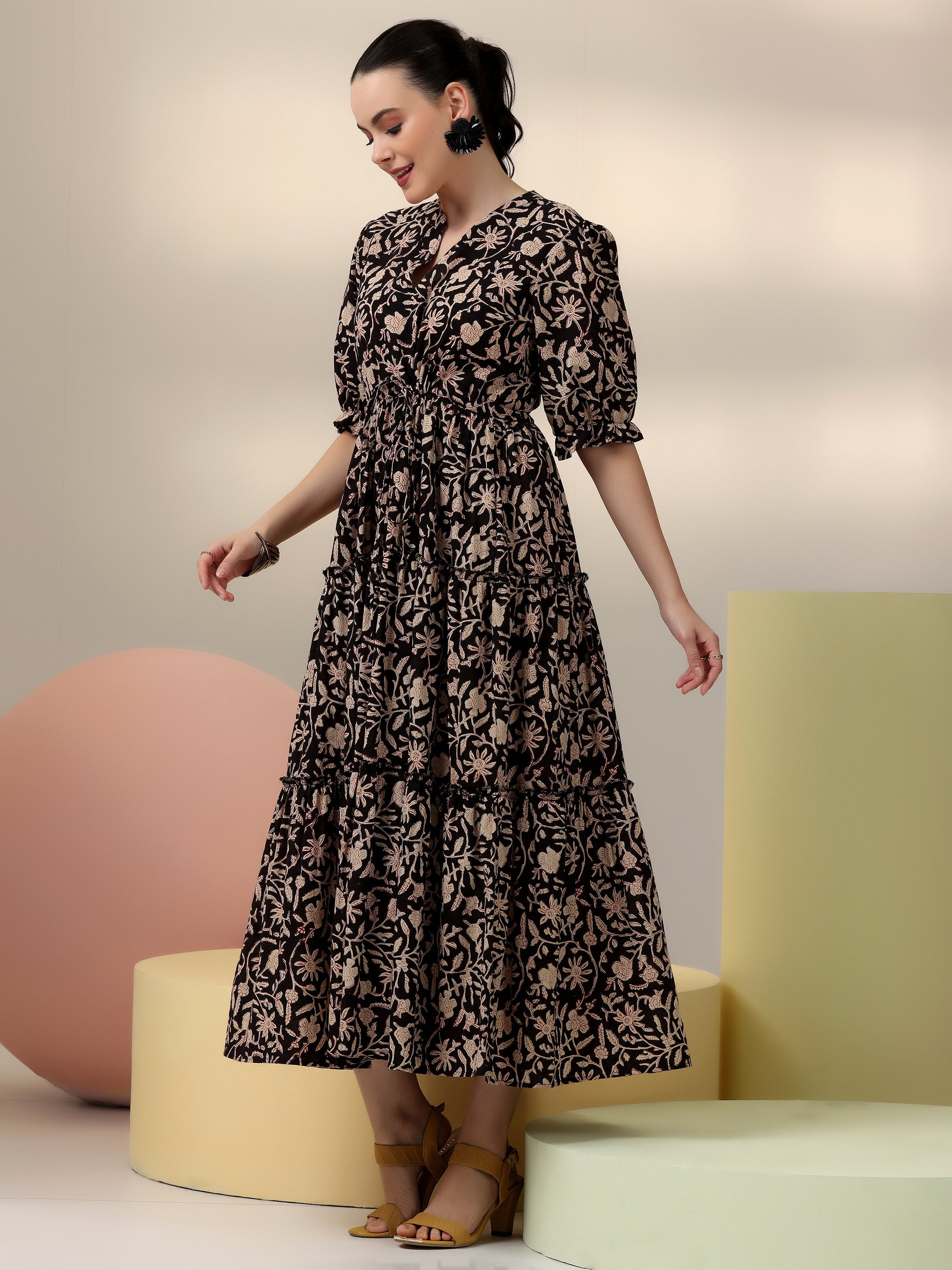 Libas Black Printed Cotton Fit and Flare Dress - view 2