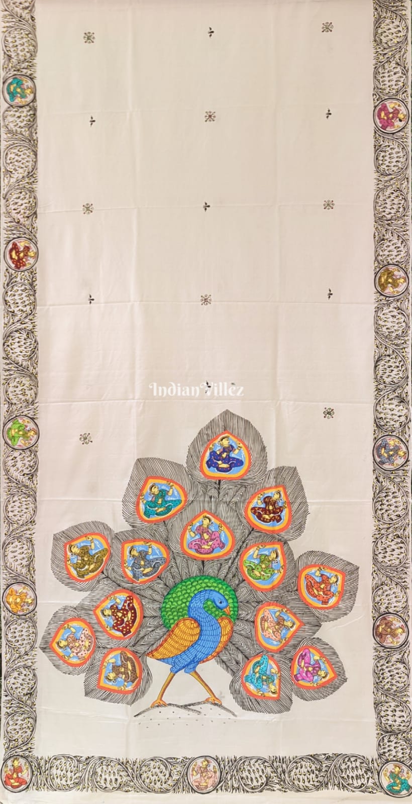 IndianVillèz Off White PEACOCK (Mayur) & Nartaki Theme Pattachitra Silk Saree