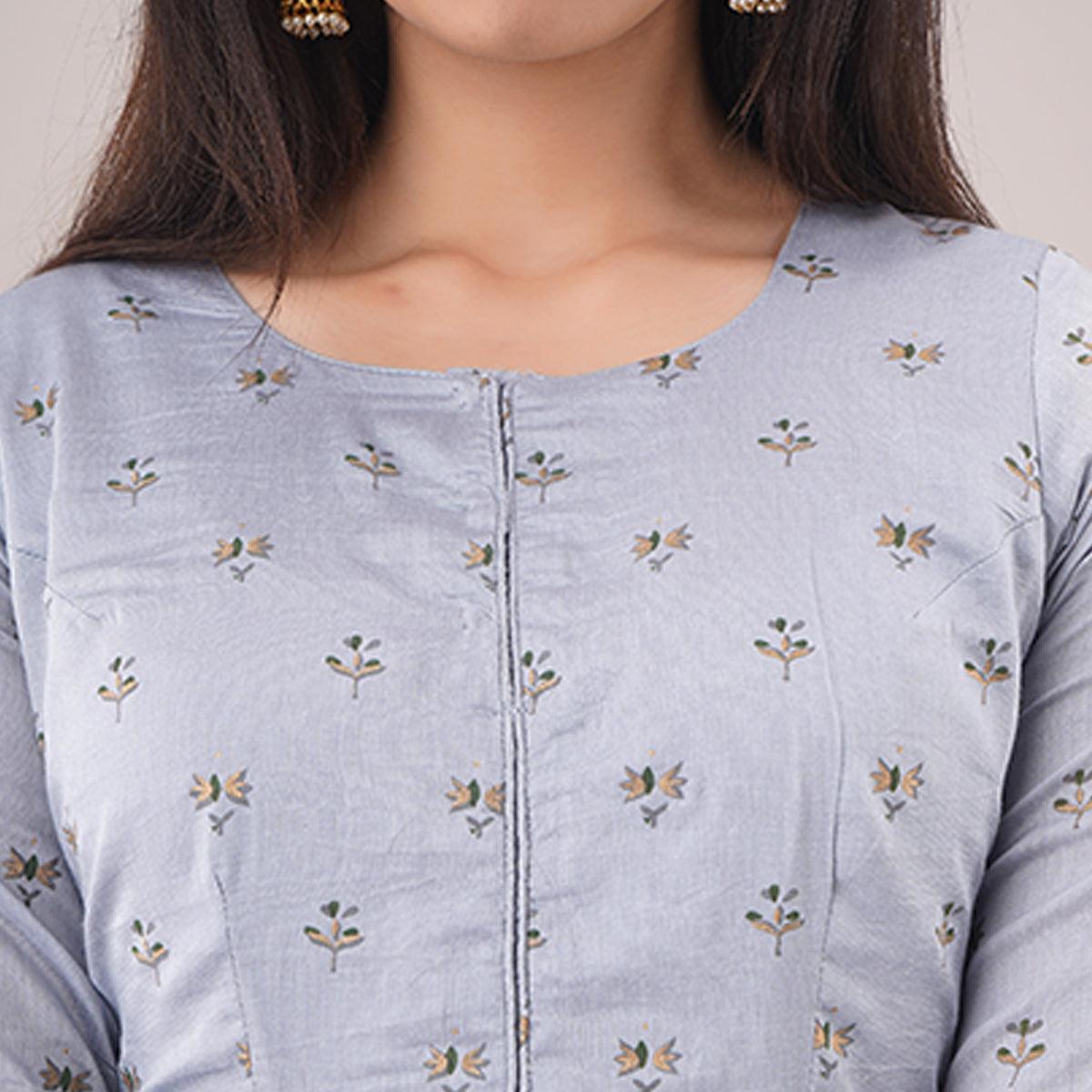 Peachmode Seller Fantastic Light Grey Colored Casual Foil Printed Pure Chanderi Gown - view 2