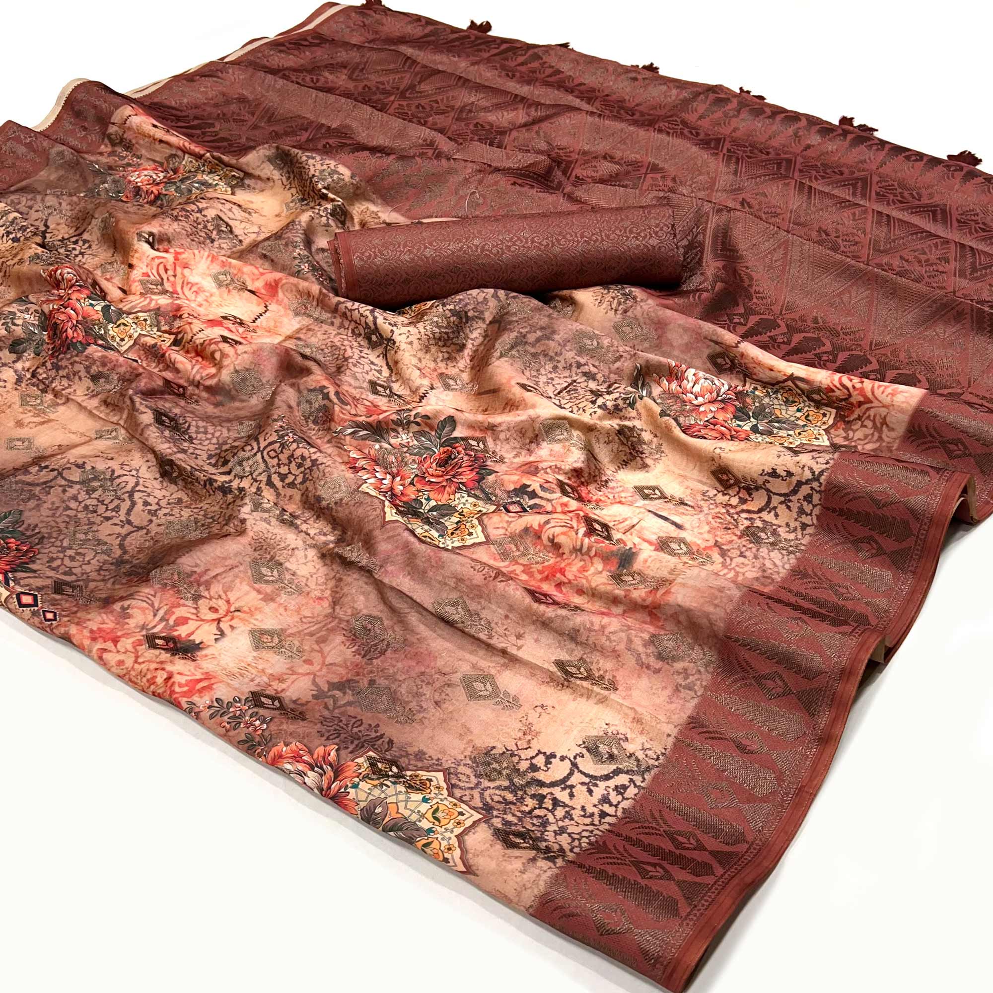 Peachmode Brick Red Woven With Digital Printed Art Silk Saree