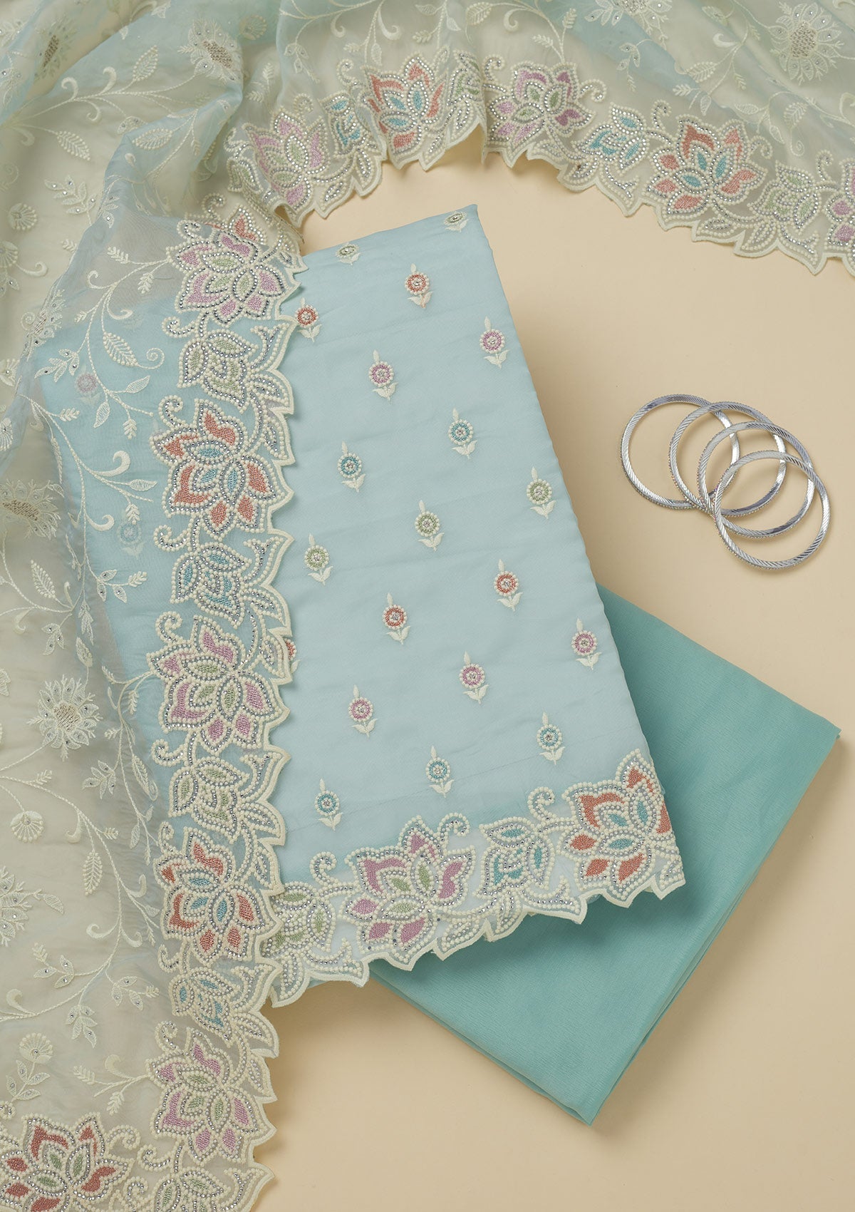 Koskii Sky Blue Threadwork Organza Unstitched Salwar Suit