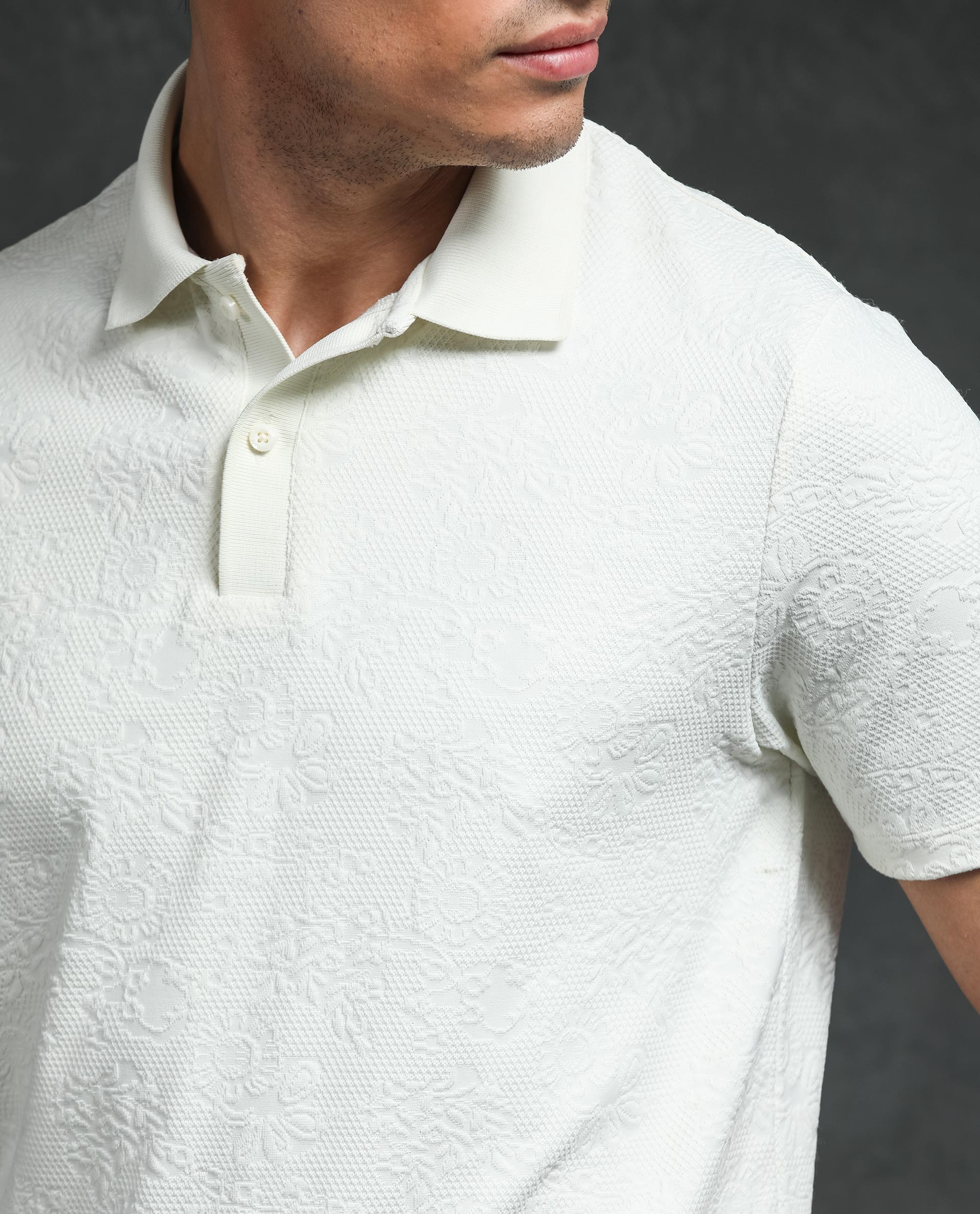 Rare Rabbit Men's Criuse Off-White Polyester Fabric Collared Neck Half Sleeve Floral Jacquard Polo T-Shirt - view 2