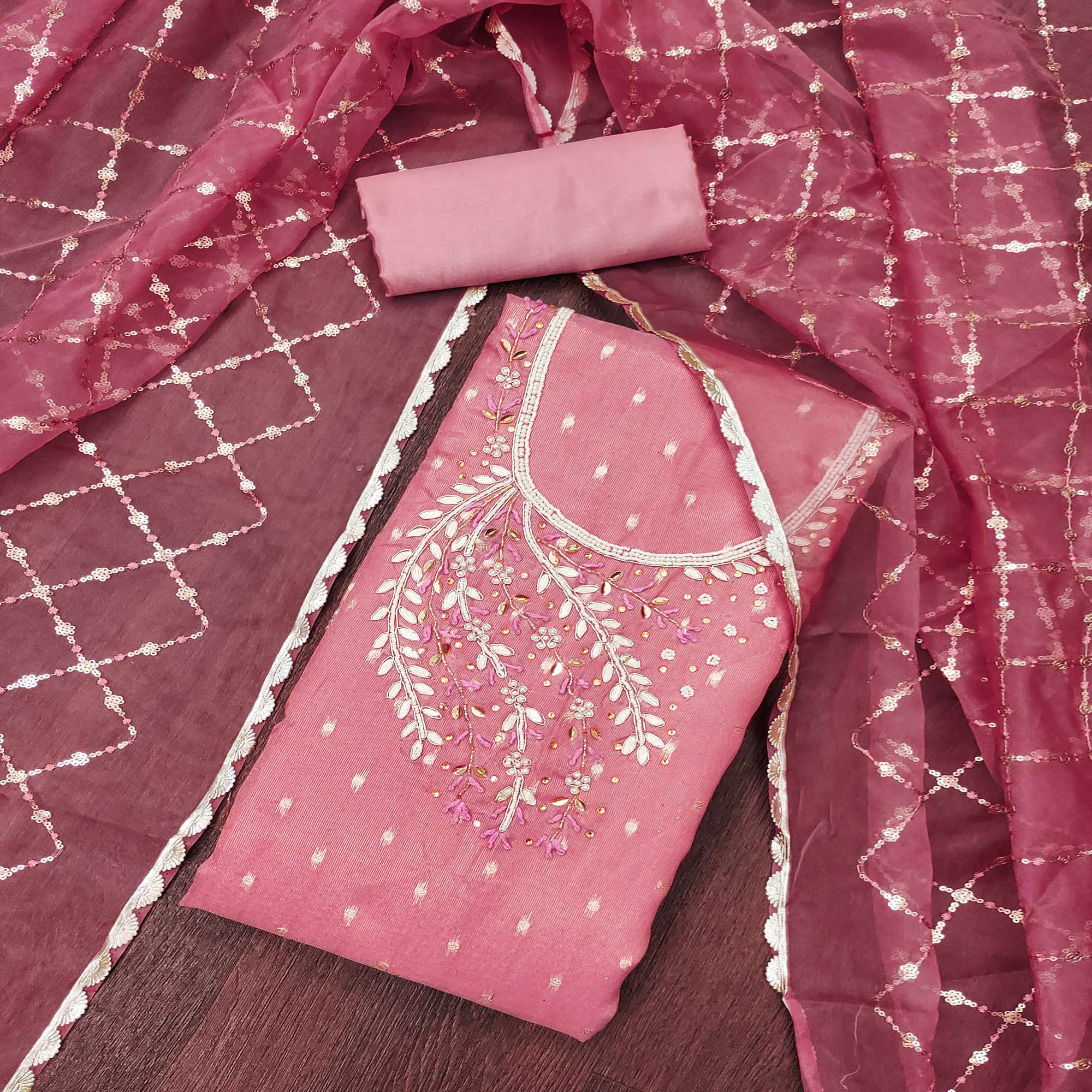 Peachmode Gajari Pink Woven With Handwork Shimmer Banarasi Silk Material Material