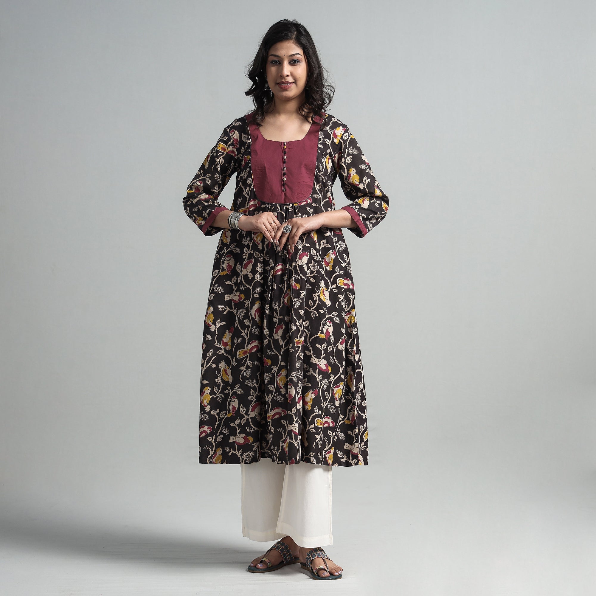 ITOKRI CASUALS Black - Kalamkari Printed Cotton A-Line Long Kurta with Patchwork - view 3