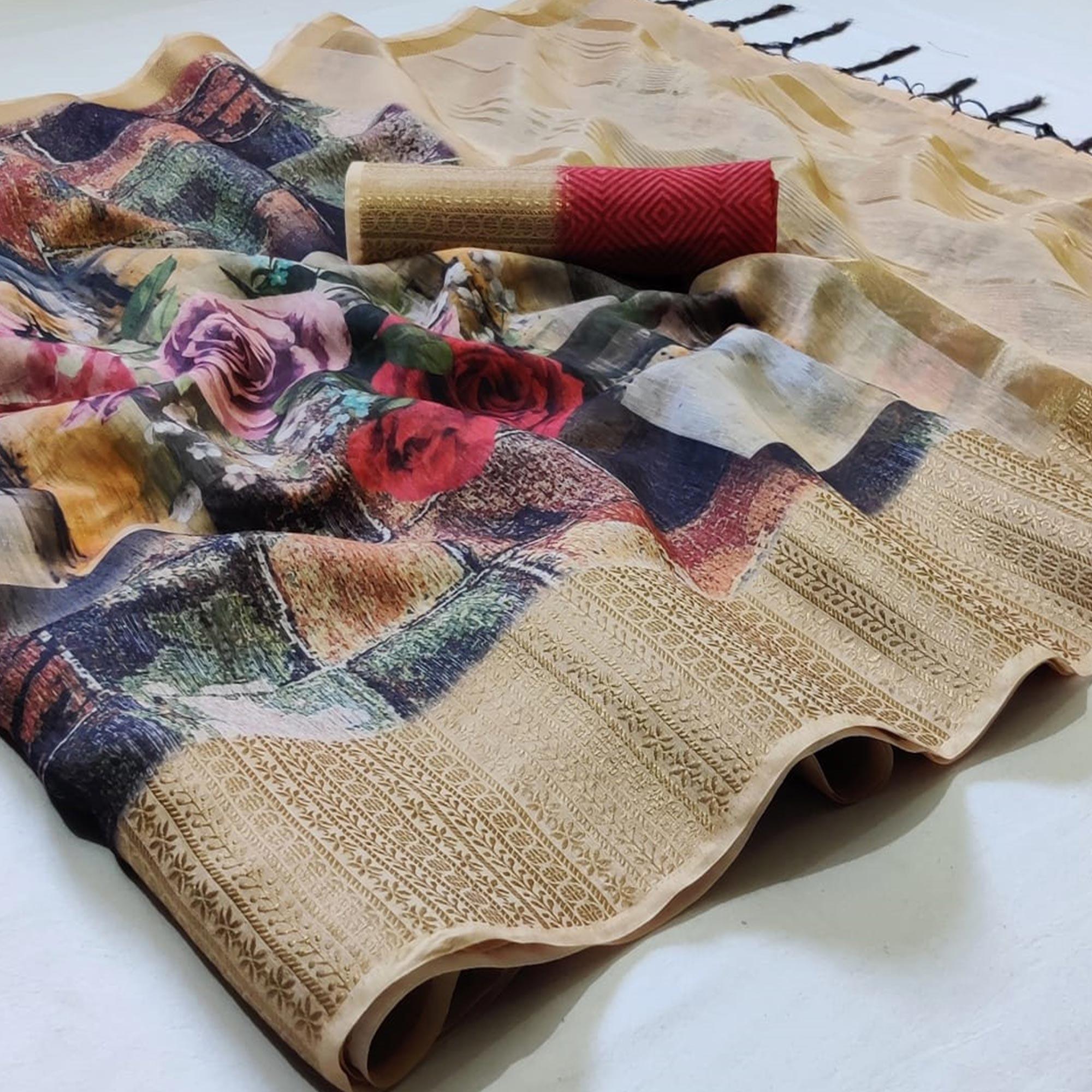 Peachmode Majesty Multi Colored Festive Wear Woven Banarasi Silk Saree