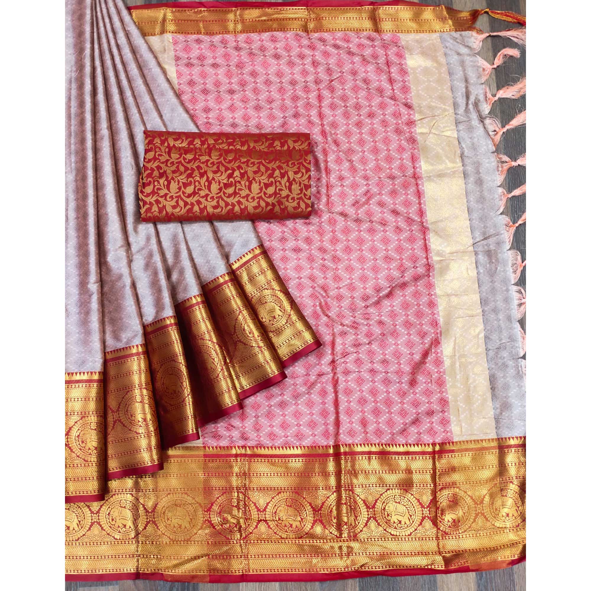 Peachmode Grey Woven Cotton Silk Saree With Tassels - view 3