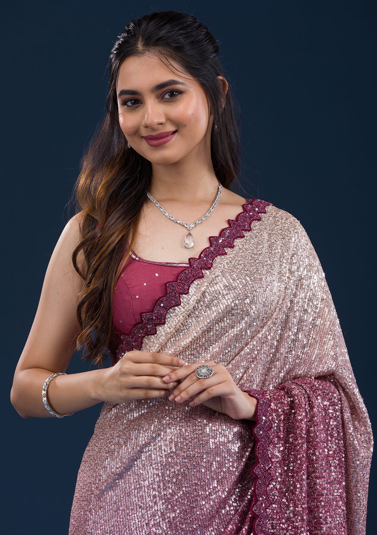 Koskii Maroon Sequins Georgette Saree – Women's - view 6