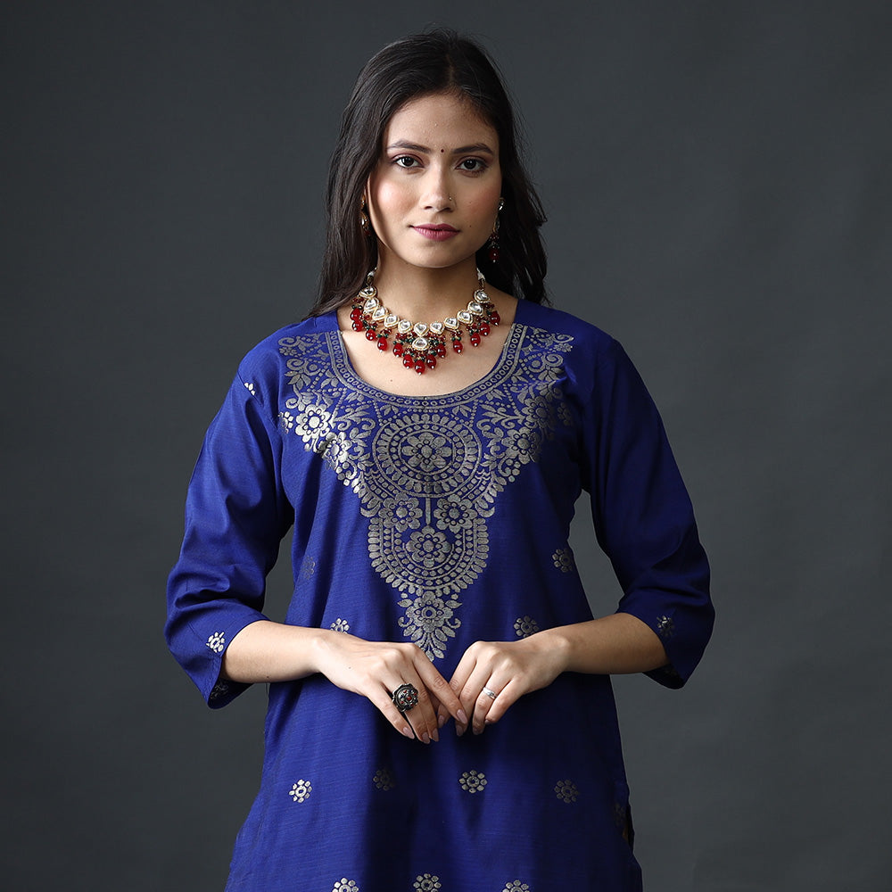ITOKRI CASUALS Blue & Beige Phulia Jamdani Silk Kurta with Palazzo & Dupatta Set - view 4