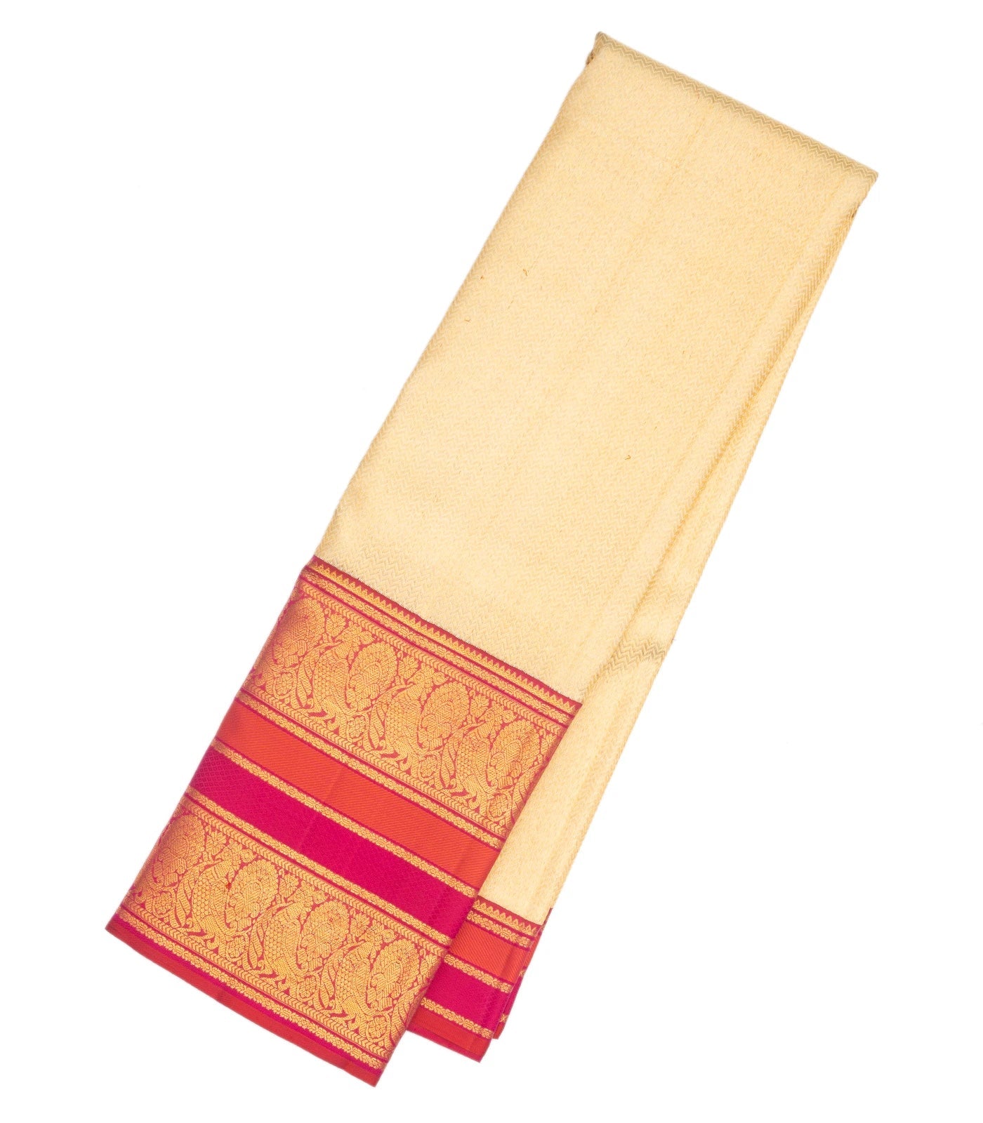 RmKV Cream Handloom Kanchipuram Korvai Silk Saree With Chevron Stripes