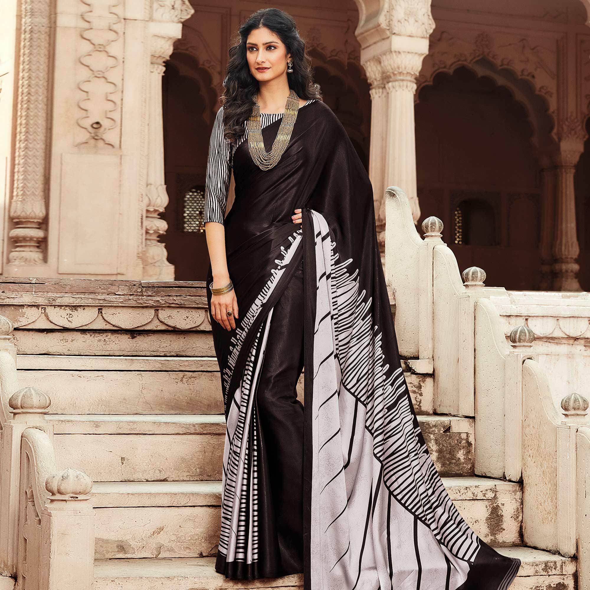 Peachmode Marvellous Dark Brown Colored Partywear Printed Japan Silk Saree