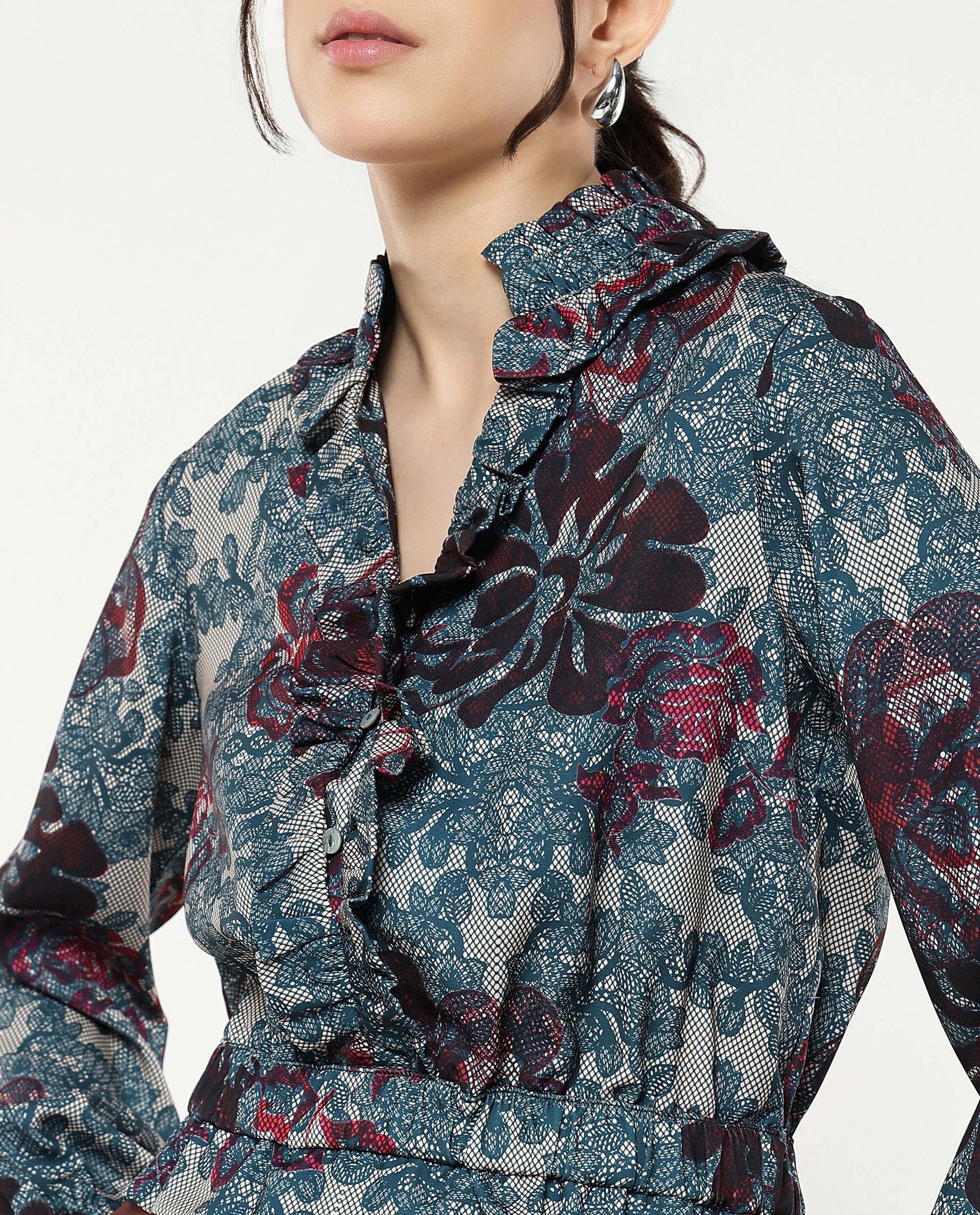 Rareism Women Mugla Multi Polyester Fabric Balloon Sleeve V-Neck Button Closure Cropped Floral Print Top - view 2