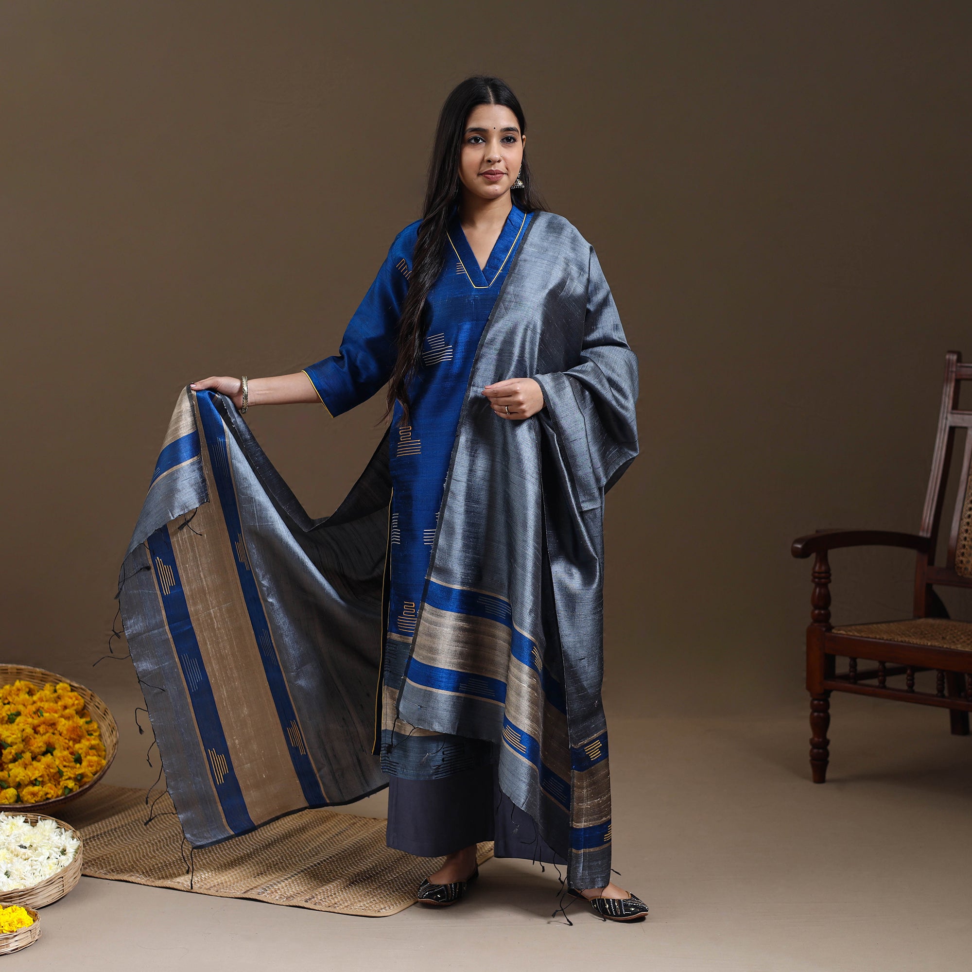 ITOKRI CASUALS Blue - Bhagalpuri Handloom Tussar Silk Suit Set 05
