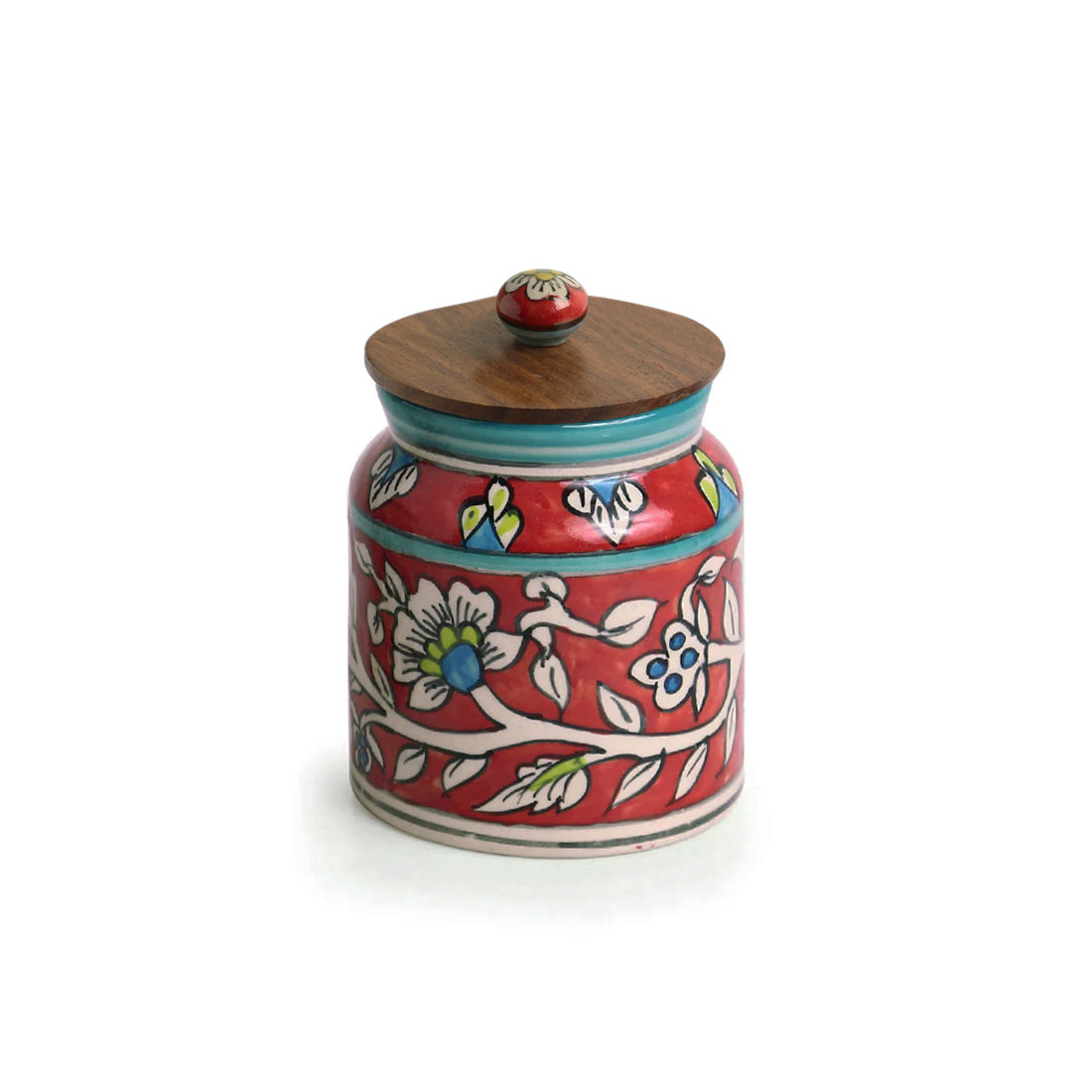 EXCLUSIVELANE 'Mughal Floral' Hand-Painted Ceramic Storage Jars & Containers with Tray (Set of 2, 440 ML) - view 4