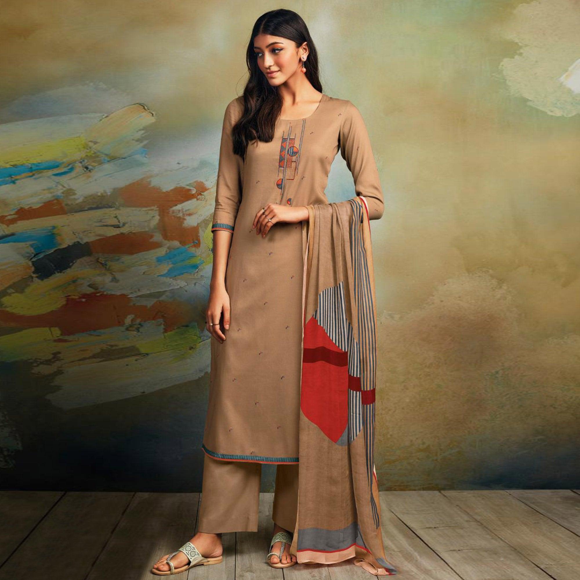 Peachmode Demanding Beige Colored Partywear Printed and Embroidered Cotton Satin Palazzo Suit