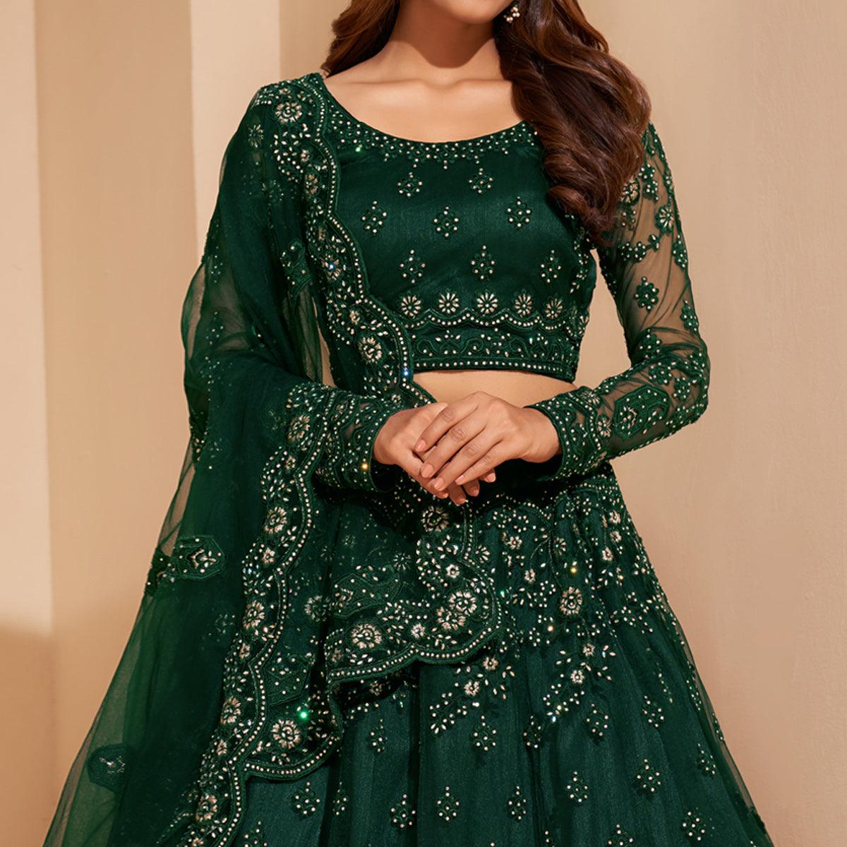 Peachmode Bottle Green Wedding Wear Embroidered With Embellished Net Lehenga Choli - view 6