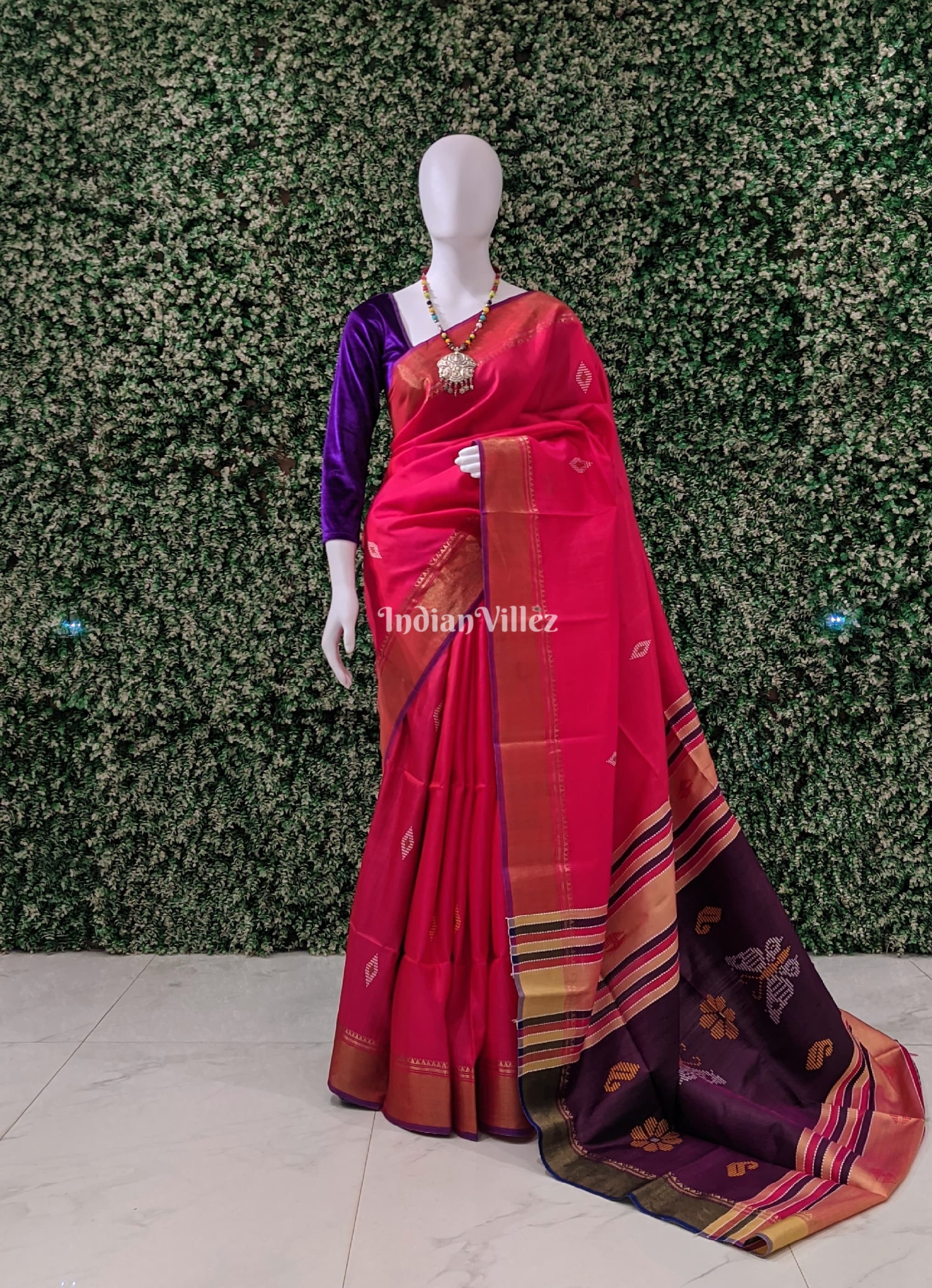 IndianVillèz Red with Wine Handwoven Soft Silk Saree