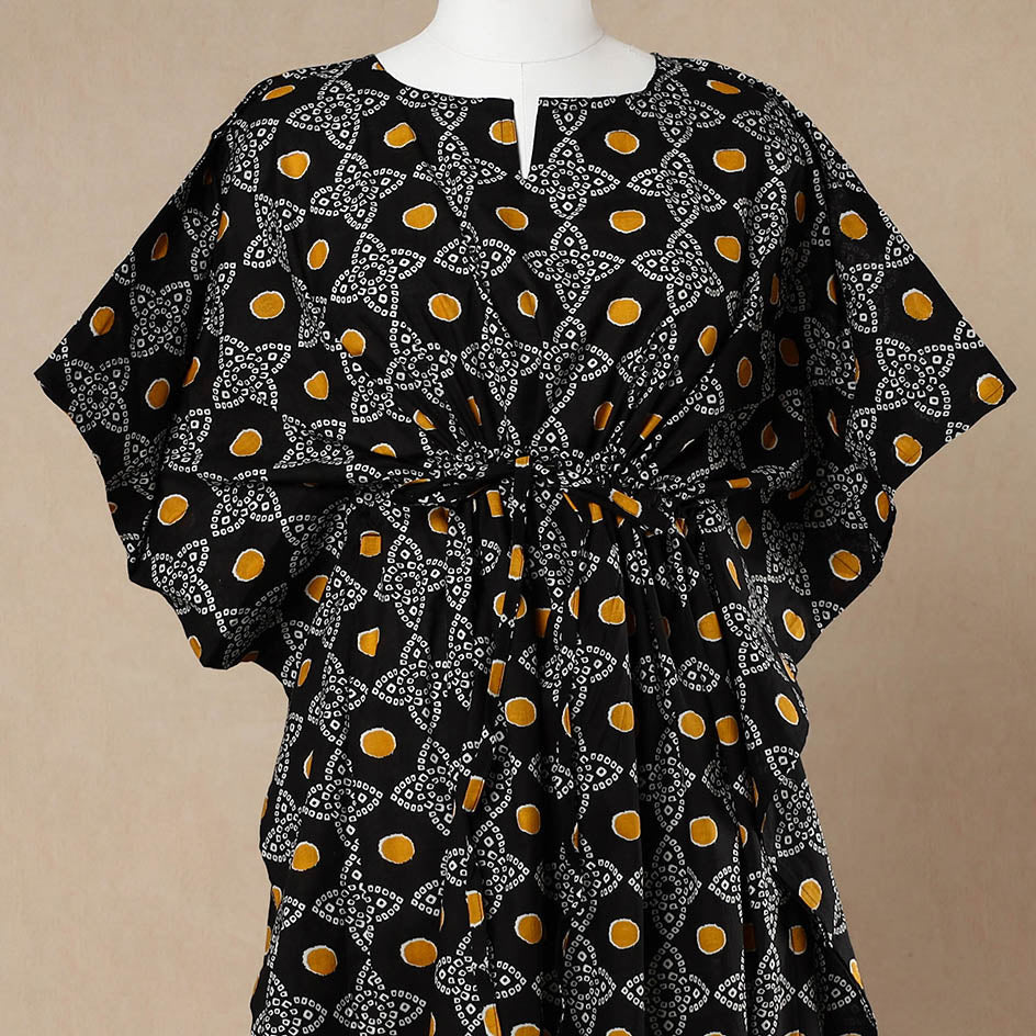 CHUTNEY CRAFT STUDIO Black - Hand Block Printed Cotton Kaftan with Tie-Up Waist (Long) - view 2